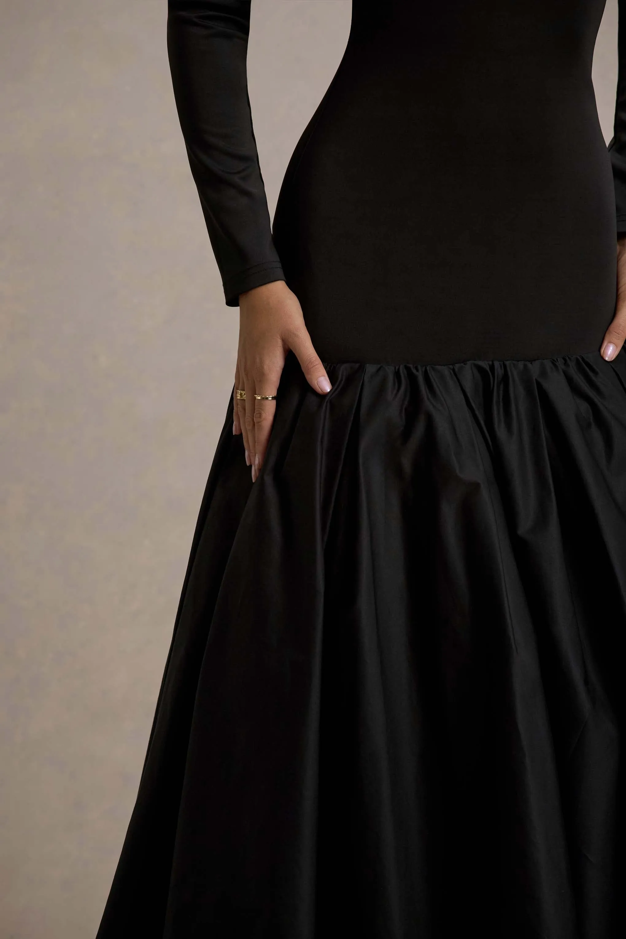 Perpetua | Black Drop-Waist Midi Dress With Volume Skirt