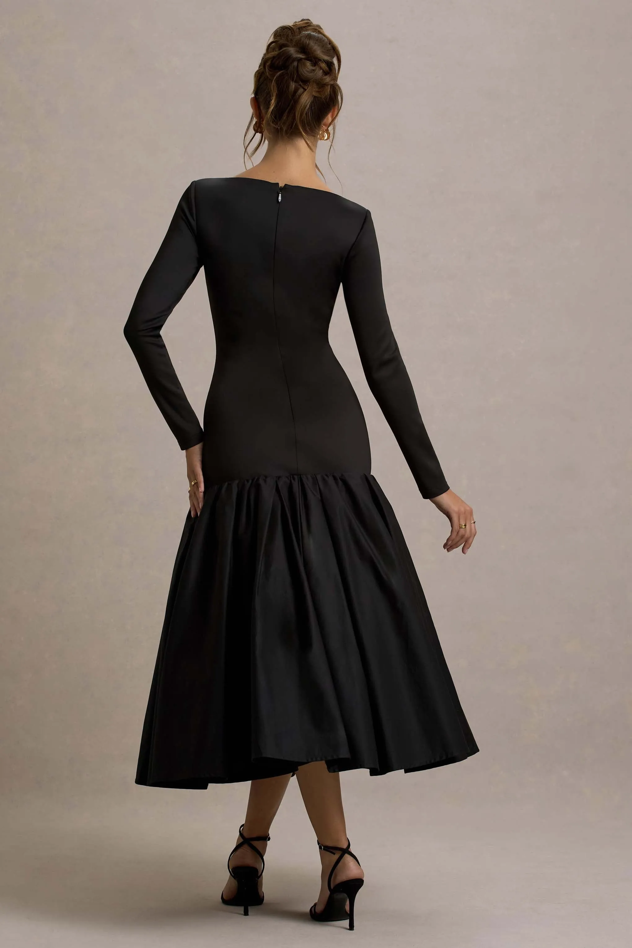 Perpetua | Black Drop-Waist Midi Dress With Volume Skirt