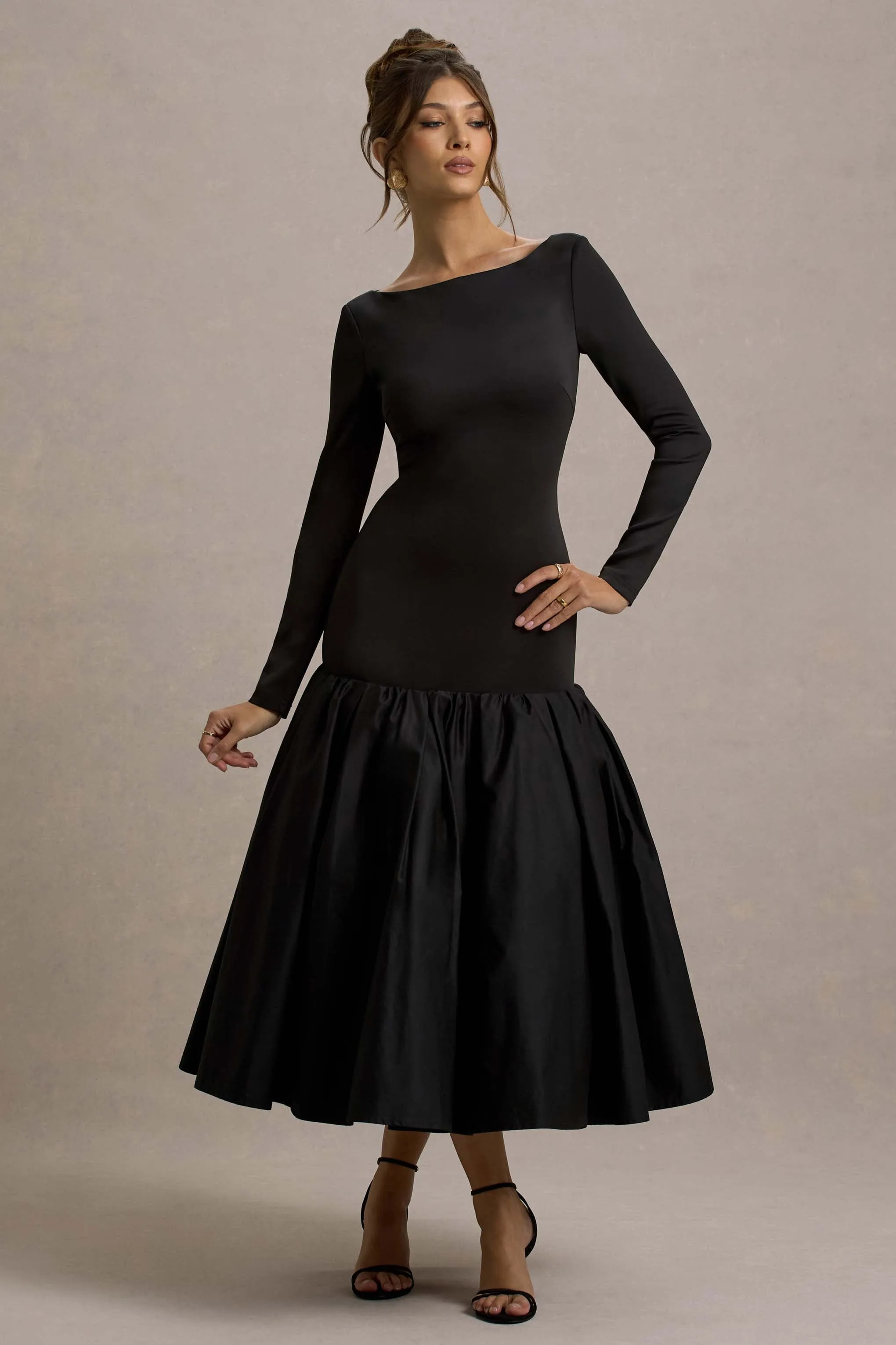 Perpetua | Black Drop-Waist Midi Dress With Volume Skirt