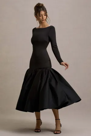 Perpetua | Black Drop-Waist Midi Dress With Volume Skirt