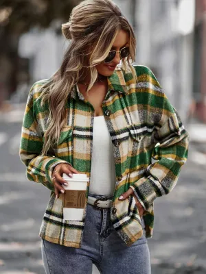 Plaid Button Front Brushed Shacket with Breast Pockets