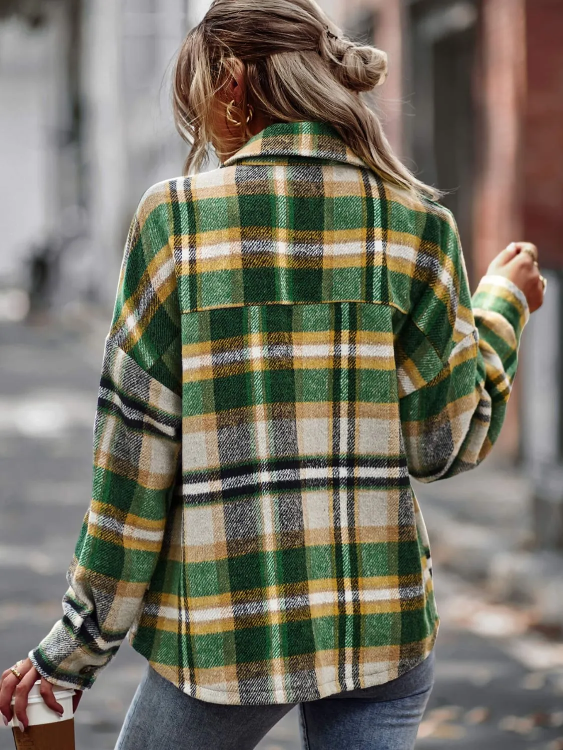 Plaid Button Front Brushed Shacket with Breast Pockets