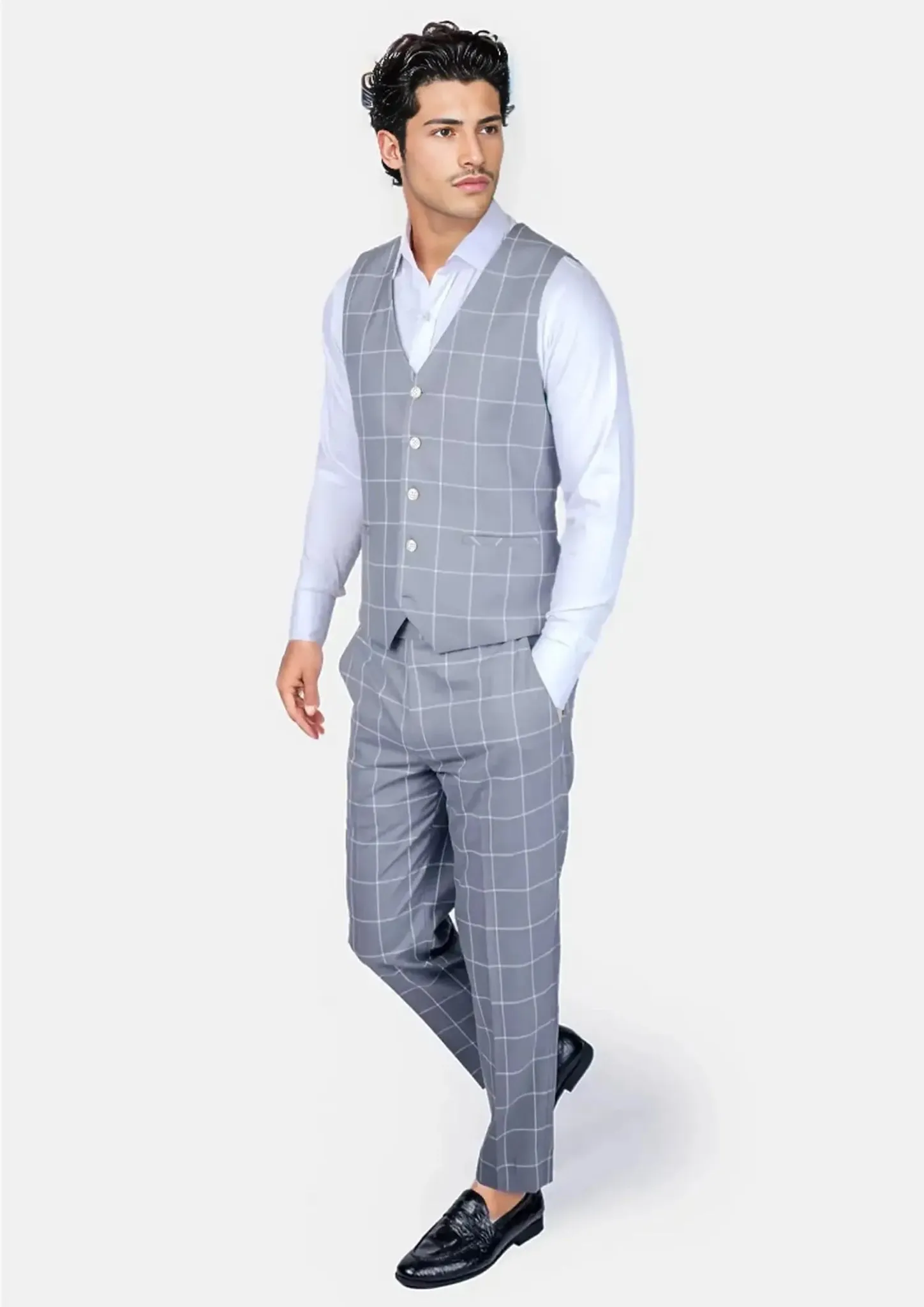 Powder Grey Windowpane Vest