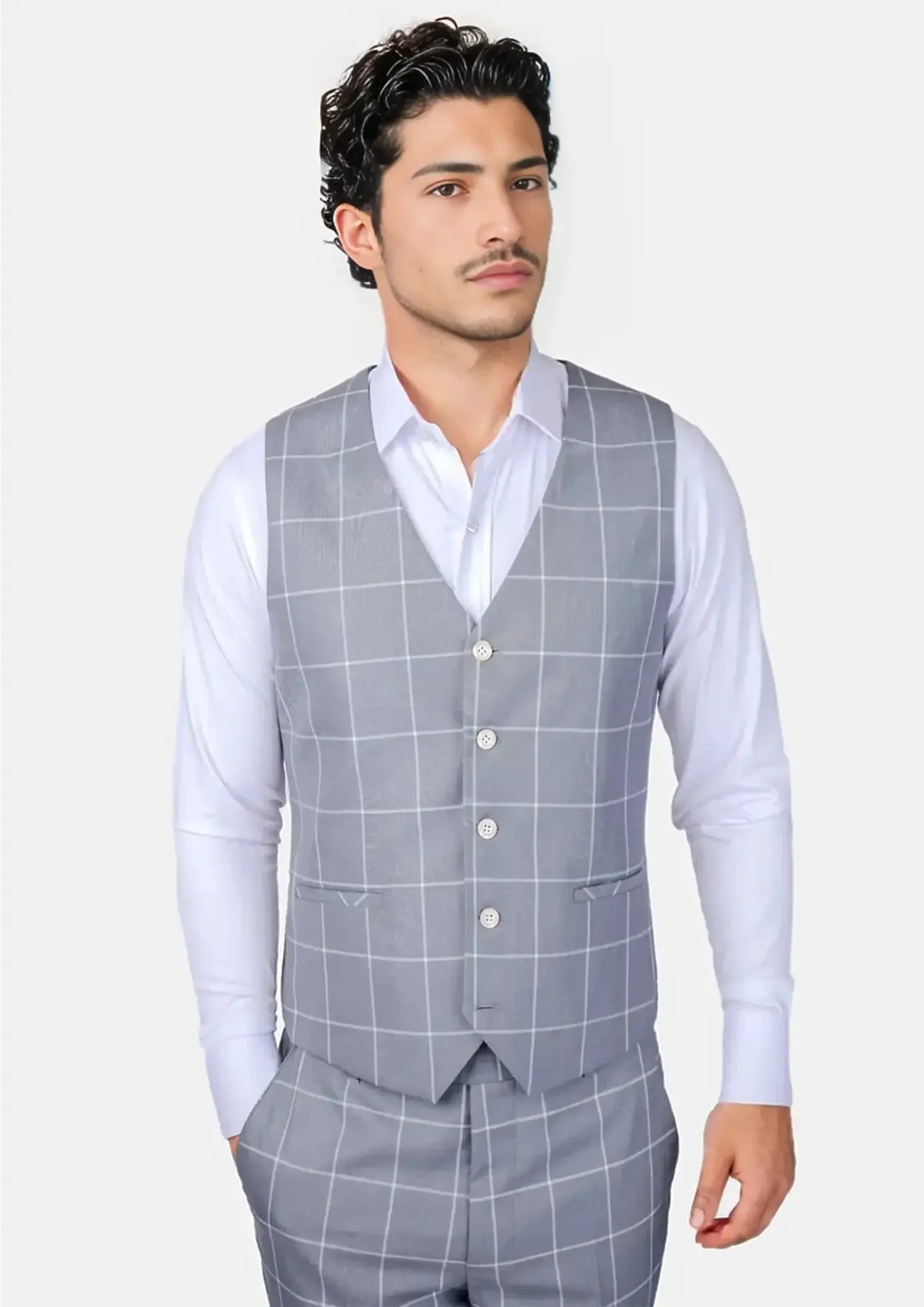 Powder Grey Windowpane Vest