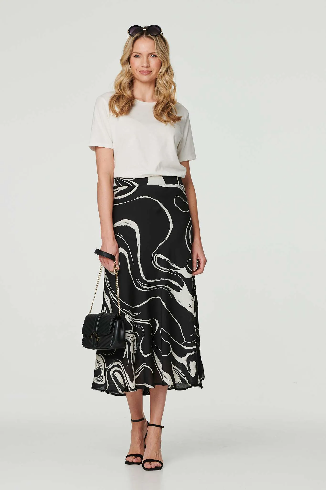 Printed High Waist A-Line Midi Skirt