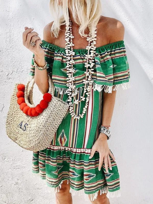 Printed Off-the-shoulder Collar Midi Dress