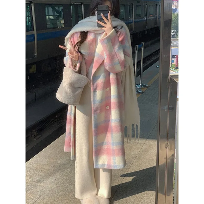 Purpdrank - Winter Rainbow Woollen Overcoat Women Casual Plaid Long Coats Office Lady Y2k Clothing Korean Fashion Trench Coats Jacket