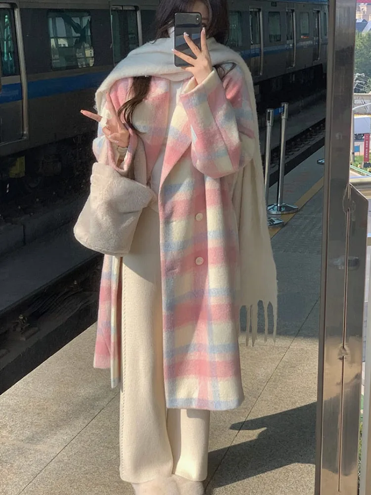 Purpdrank - Winter Rainbow Woollen Overcoat Women Casual Plaid Long Coats Office Lady Y2k Clothing Korean Fashion Trench Coats Jacket