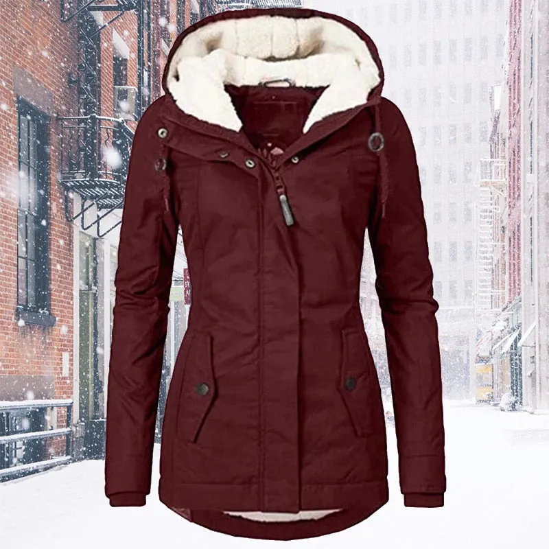 Purpdrank - Women's Winter Coat Warm Solid Plush Thickened Long Jacket Outdoor Hiking Hooded Casual Windproof Parka Coat Overcoat