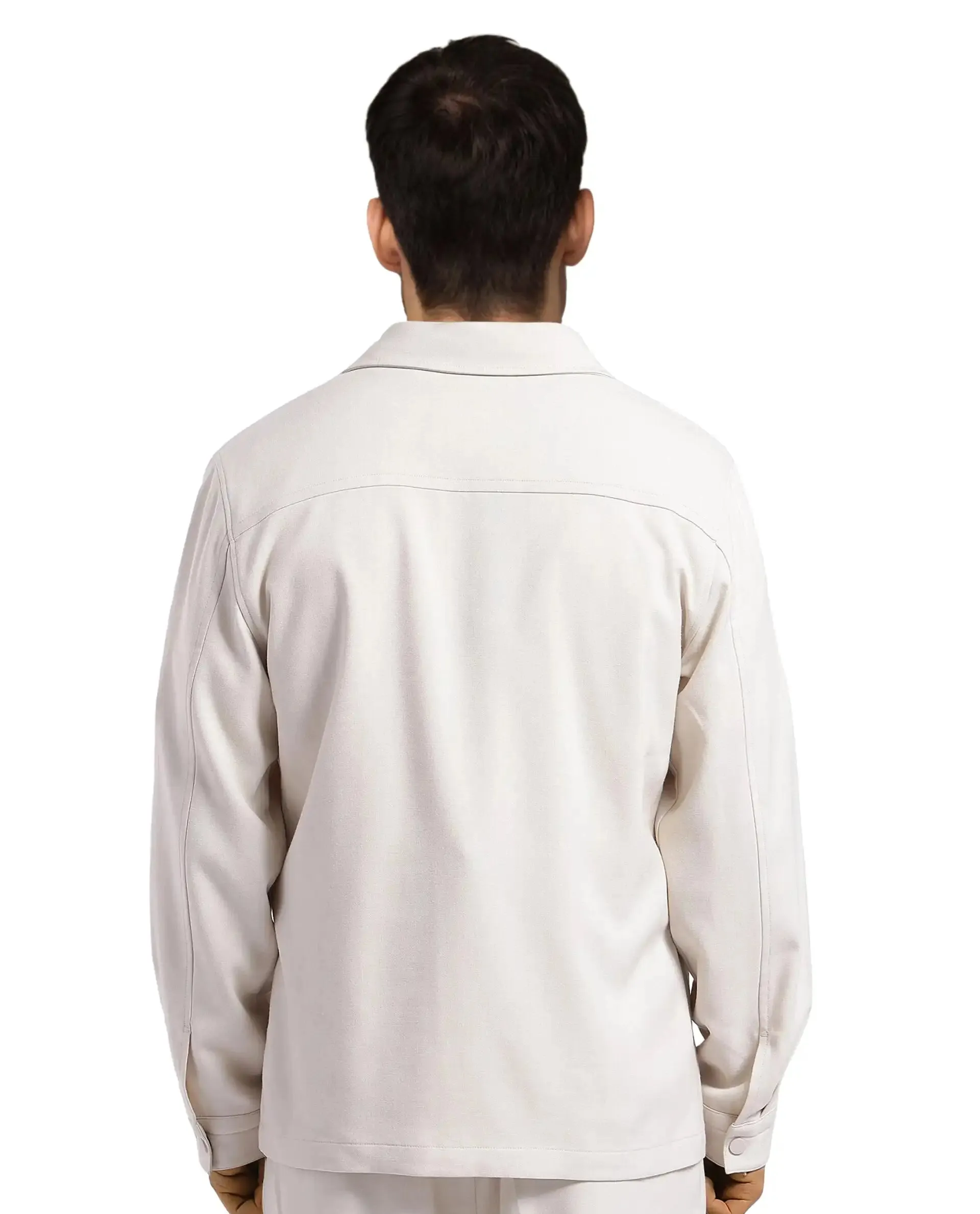 Rare Rabbit Men Brant Off White Polyester Rayon Fabric Full Sleeve Spread Collar Snap Button Closure Relaxed Fit Shacket