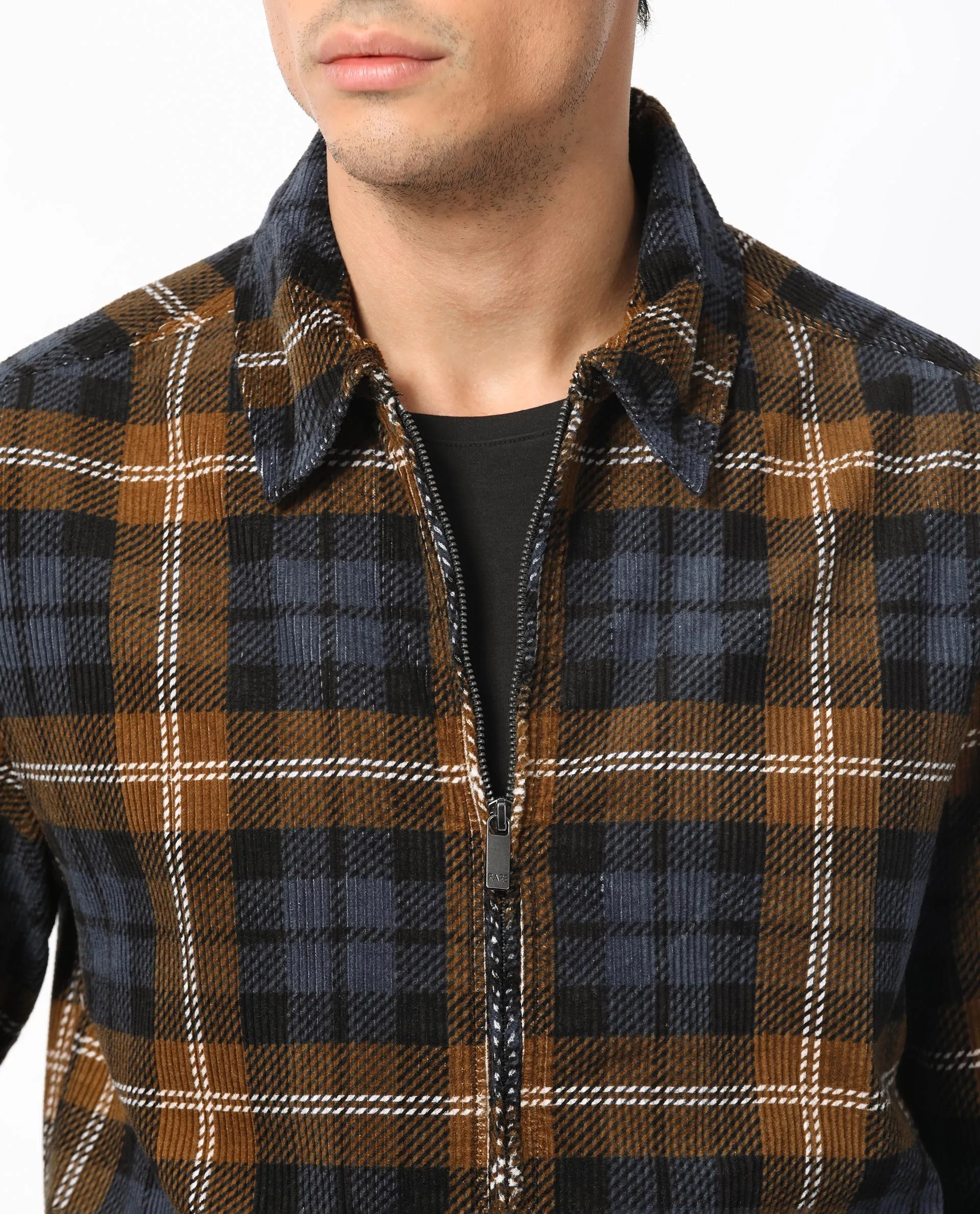 Rare Rabbit Men's Marino Black Cotton Fabric Full Sleeves Zip Closure Twill Checks Shacket