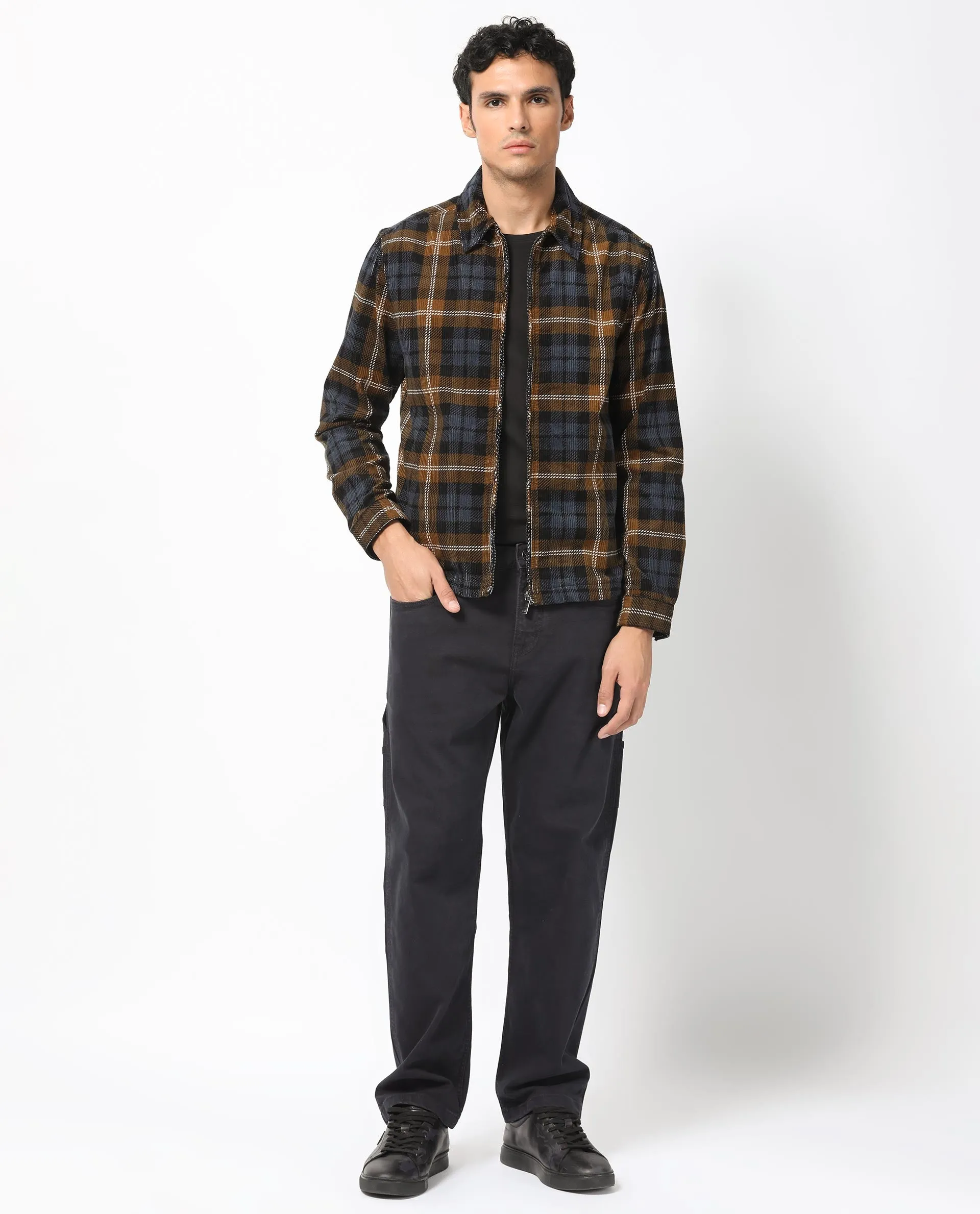 Rare Rabbit Men's Marino Black Cotton Fabric Full Sleeves Zip Closure Twill Checks Shacket