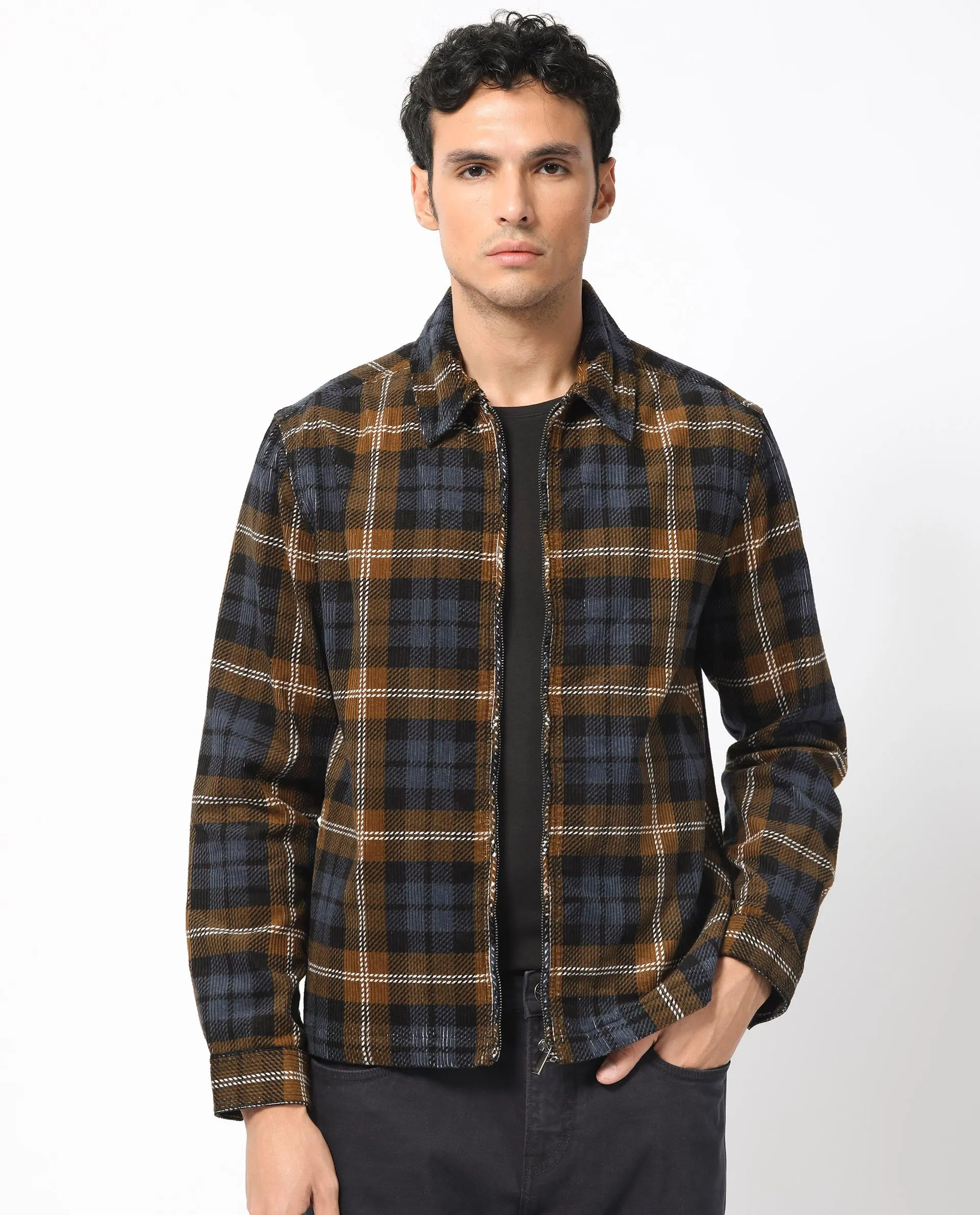 Rare Rabbit Men's Marino Black Cotton Fabric Full Sleeves Zip Closure Twill Checks Shacket