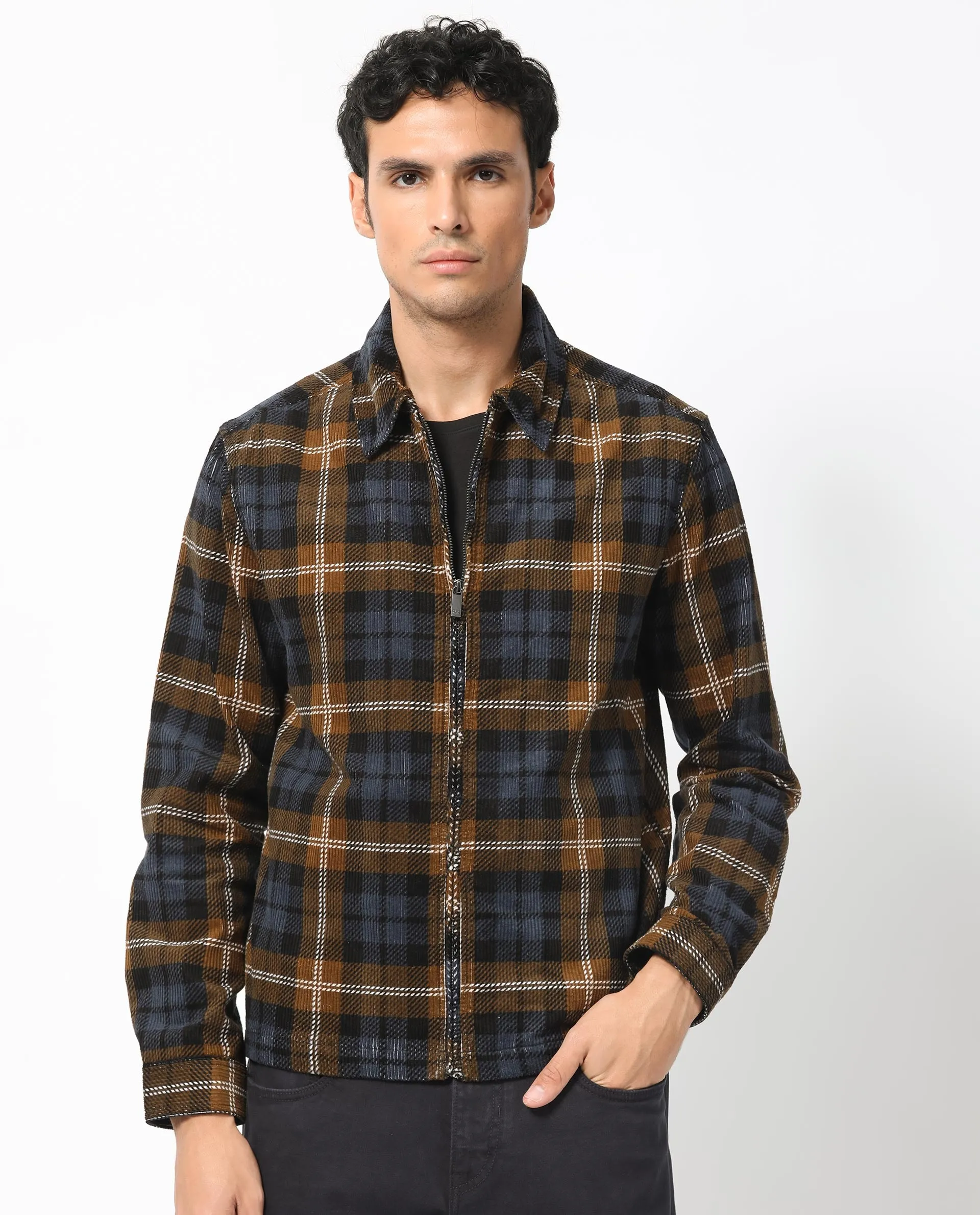 Rare Rabbit Men's Marino Black Cotton Fabric Full Sleeves Zip Closure Twill Checks Shacket