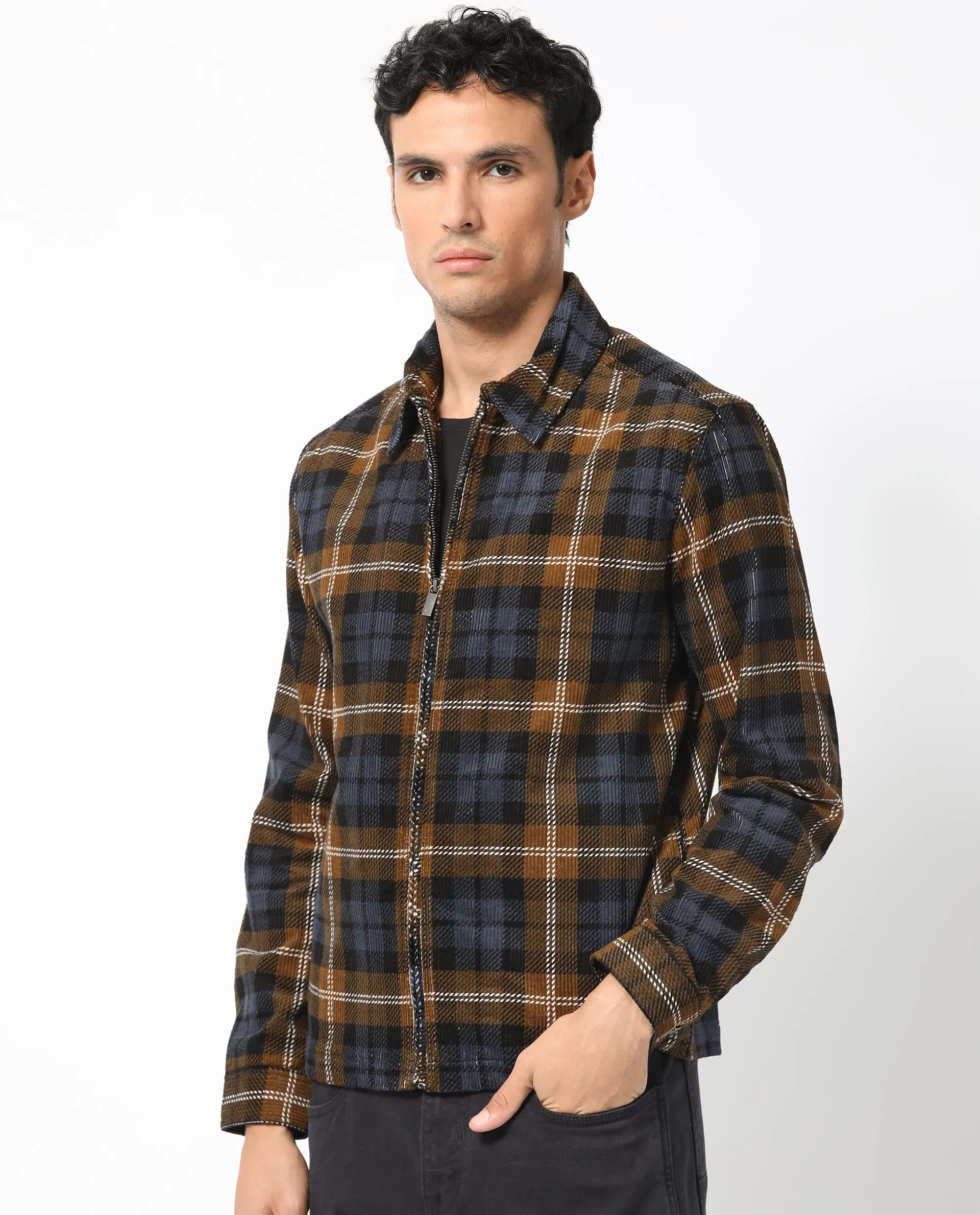 Rare Rabbit Men's Marino Black Cotton Fabric Full Sleeves Zip Closure Twill Checks Shacket