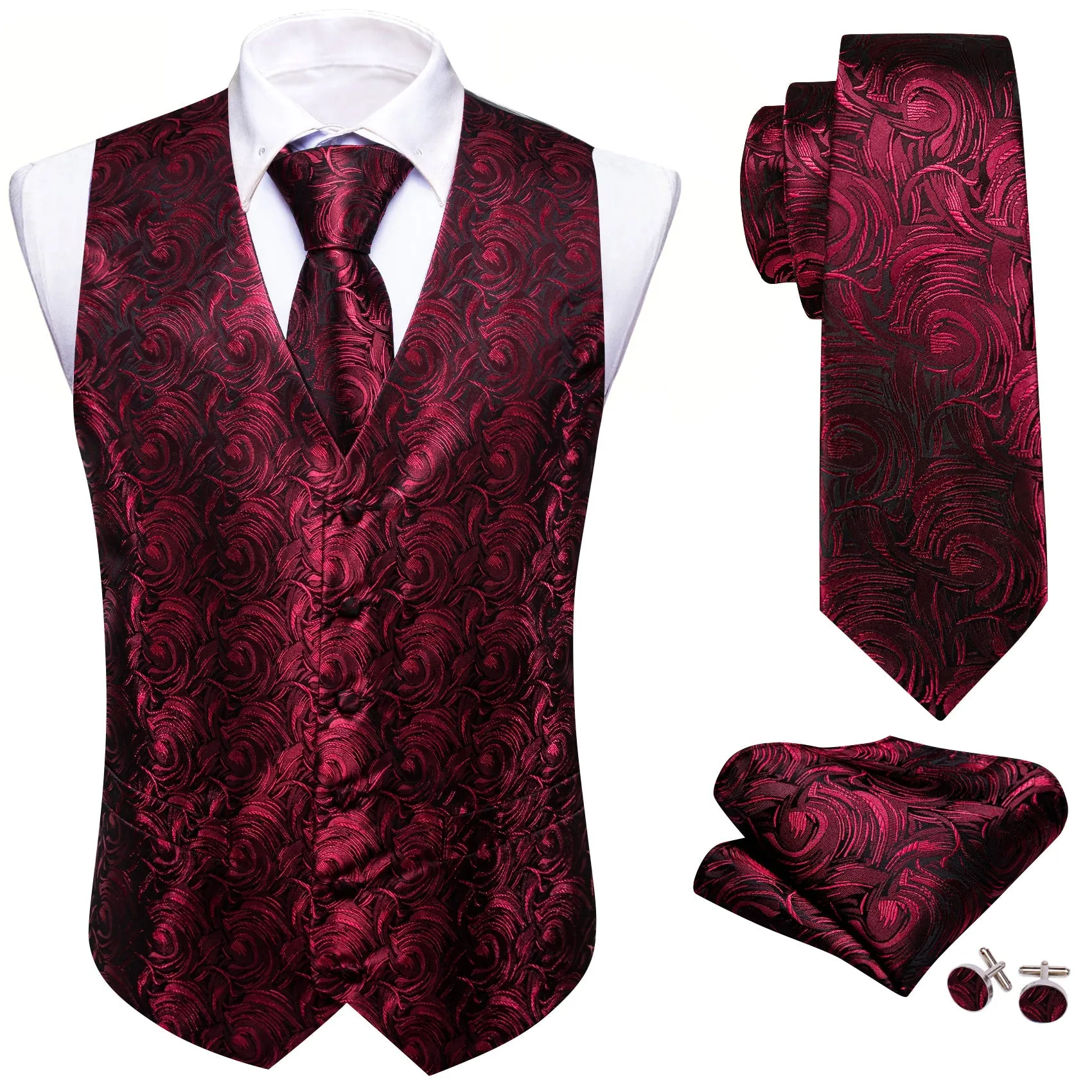 Red Floral Silk Men's Vest Hanky Cufflinks Tie Set