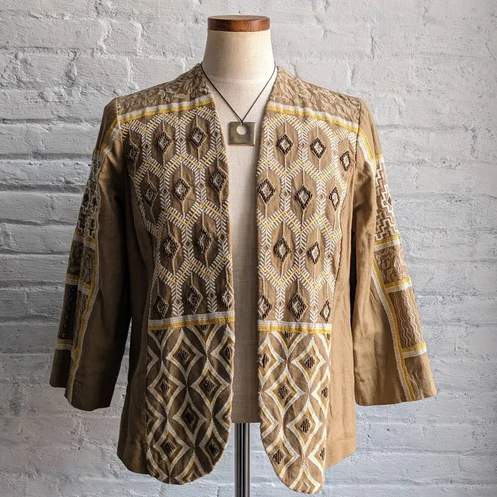 Retro 70s Linen Beaded Western Blazer Southwest Embroidered Boho Chic Shacket