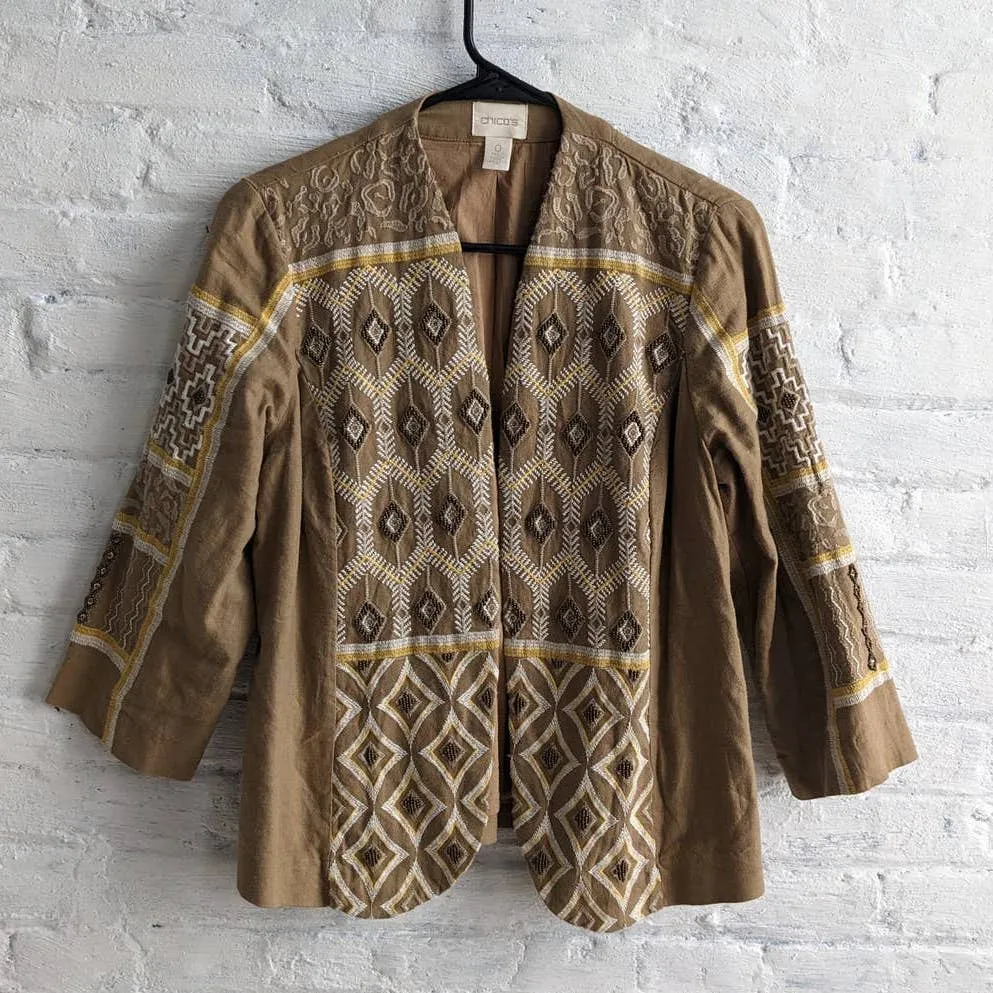 Retro 70s Linen Beaded Western Blazer Southwest Embroidered Boho Chic Shacket