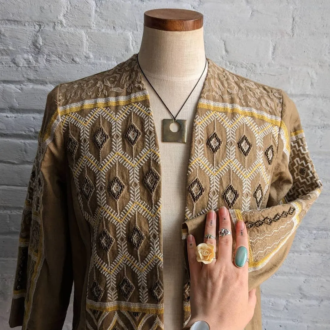 Retro 70s Linen Beaded Western Blazer Southwest Embroidered Boho Chic Shacket