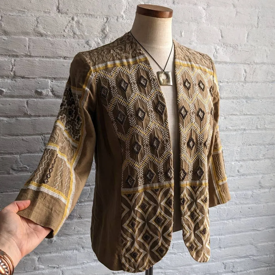 Retro 70s Linen Beaded Western Blazer Southwest Embroidered Boho Chic Shacket