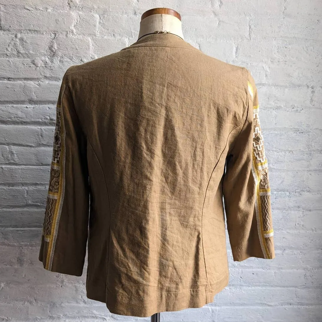 Retro 70s Linen Beaded Western Blazer Southwest Embroidered Boho Chic Shacket