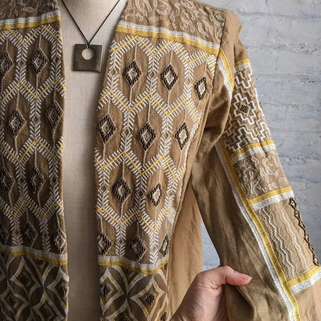 Retro 70s Linen Beaded Western Blazer Southwest Embroidered Boho Chic Shacket