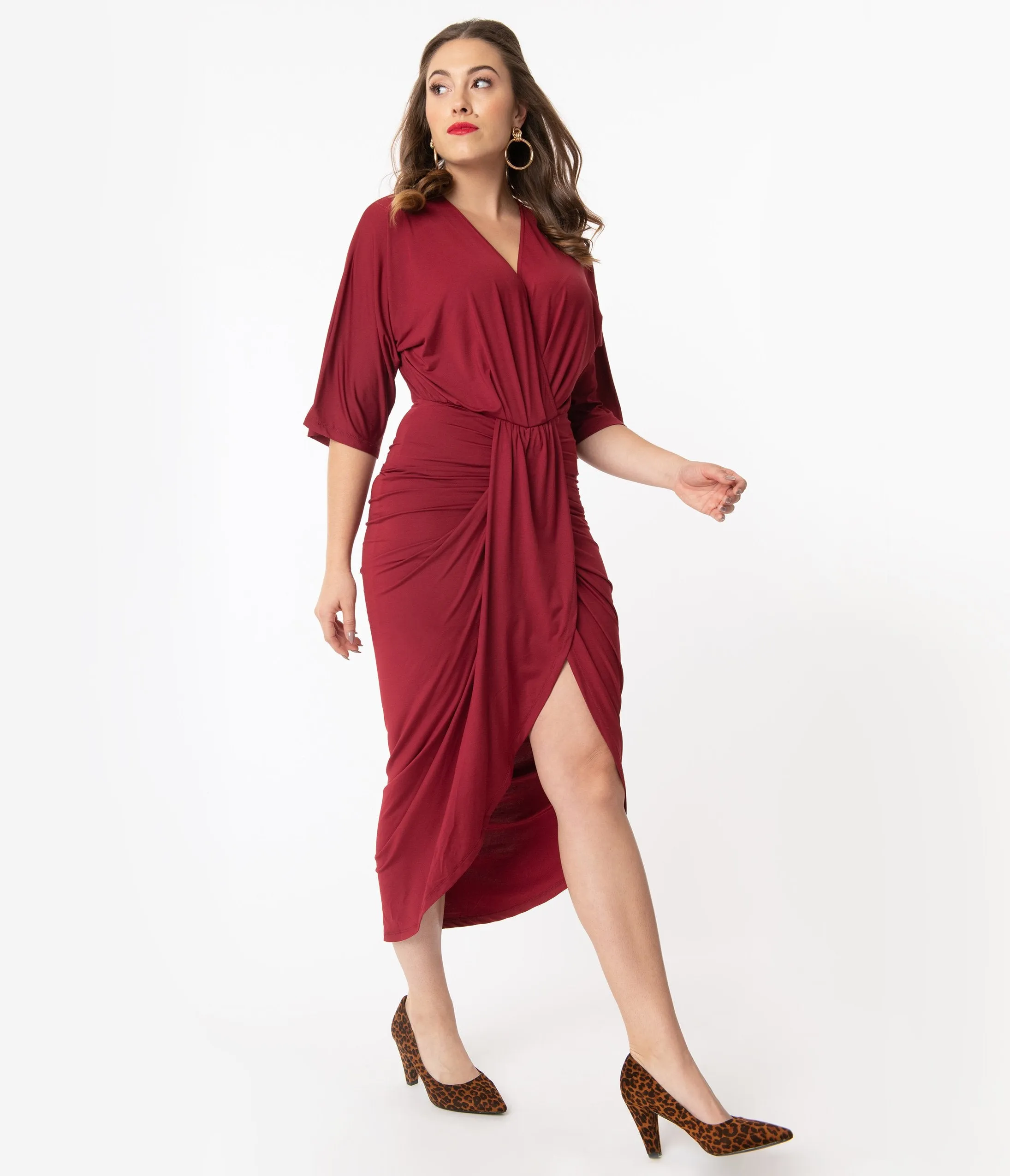 Retro Style Burgundy Ruched Wrap Front Dress