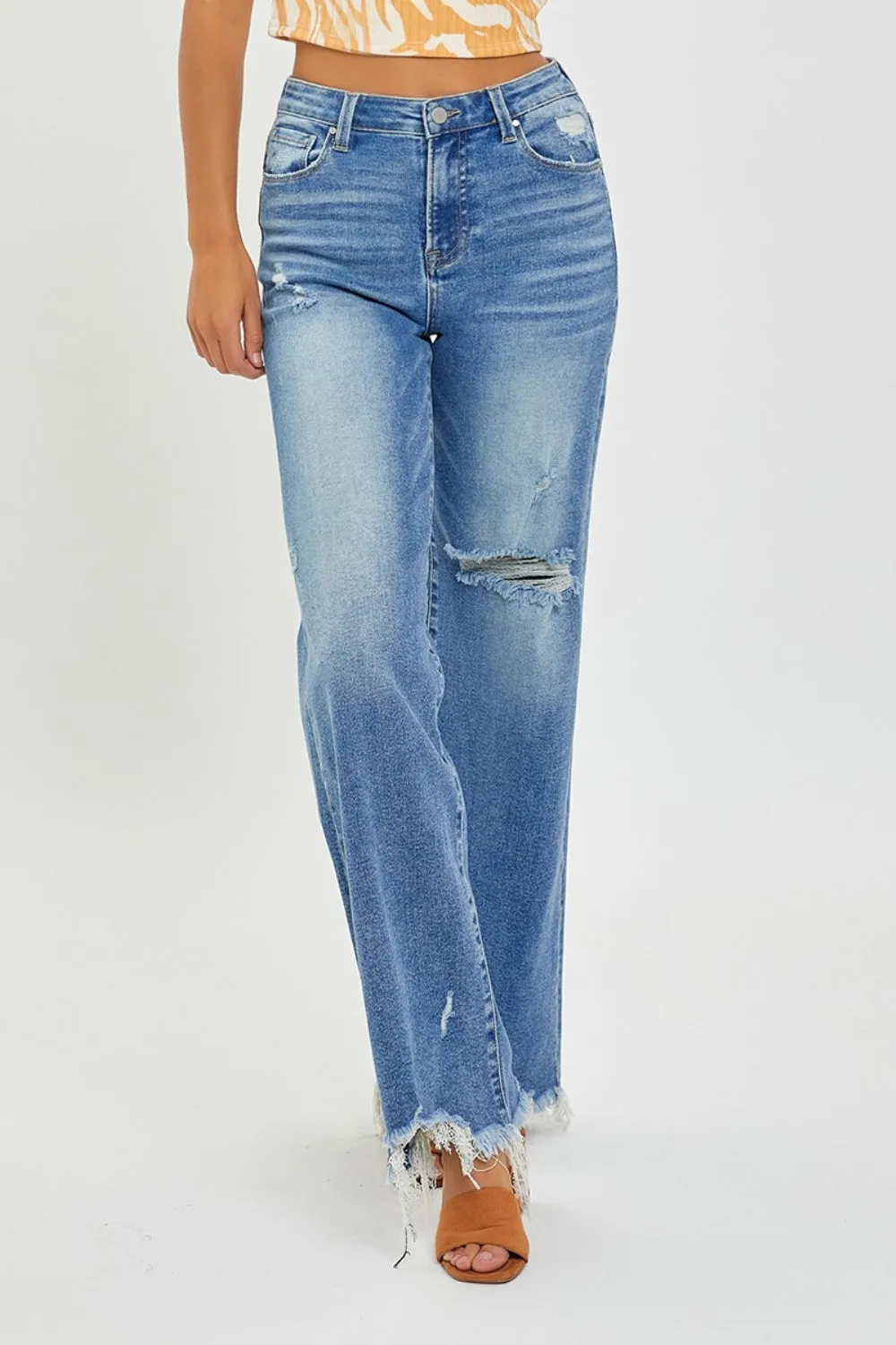 RISEN High Rise Frayed Hem Wide Leg Jeans