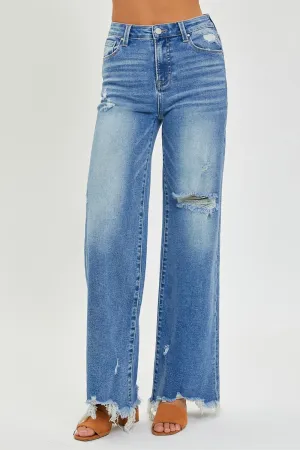 RISEN High Rise Frayed Hem Wide Leg Jeans