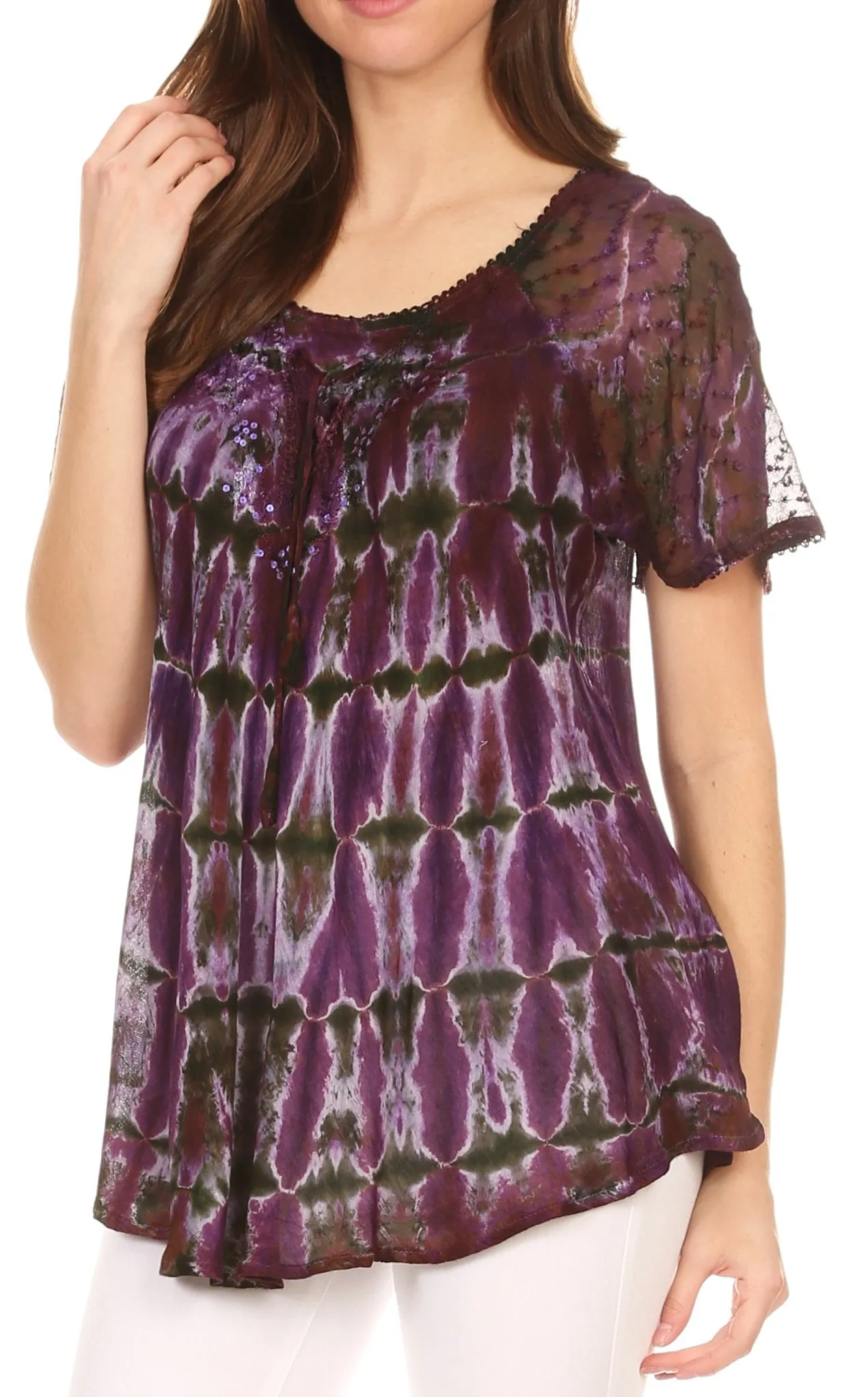 Sakkas Isayan Multi Color Embellished Tie Dye Sheer Cap Sleeve Tunic Top