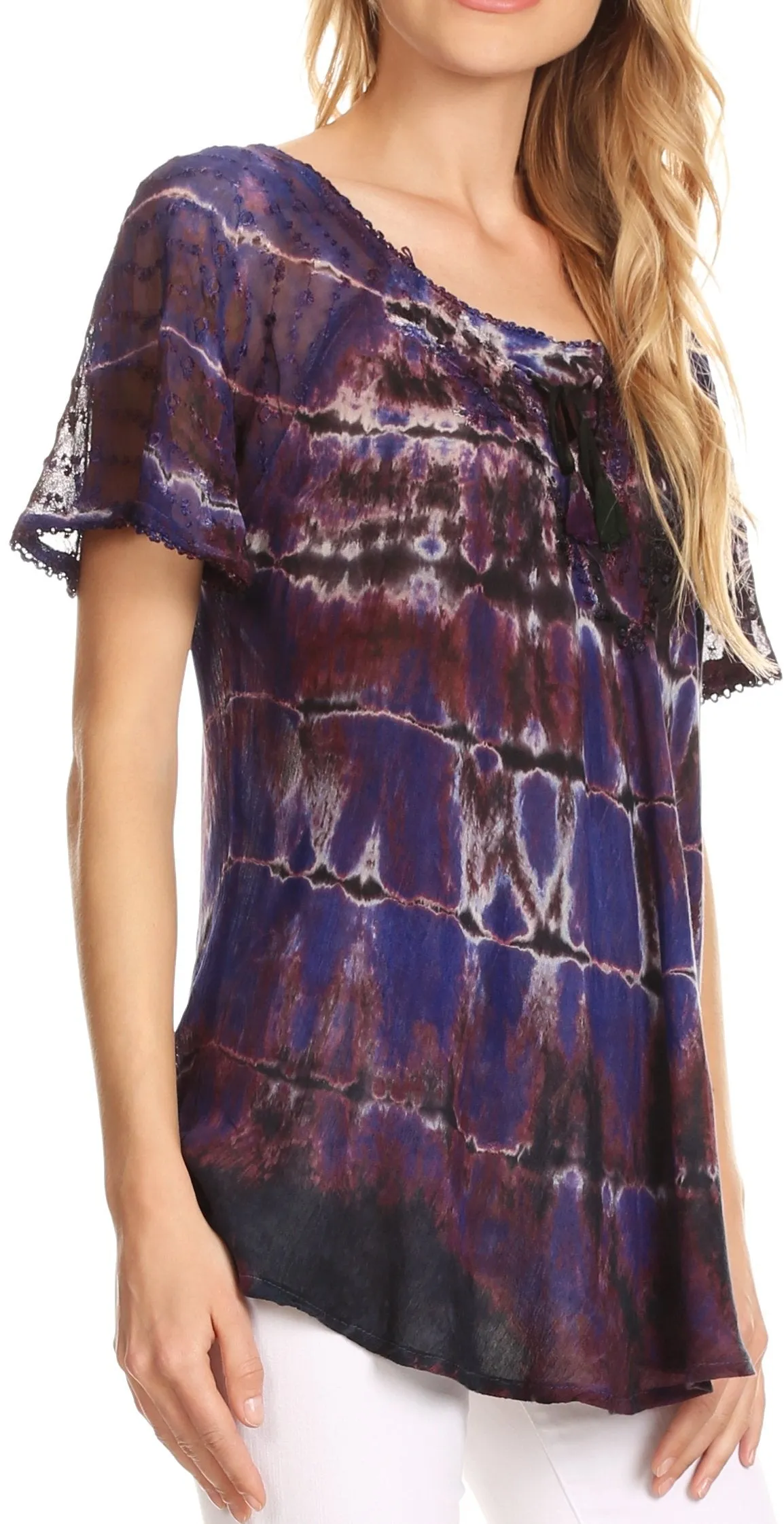 Sakkas Isayan Multi Color Embellished Tie Dye Sheer Cap Sleeve Tunic Top