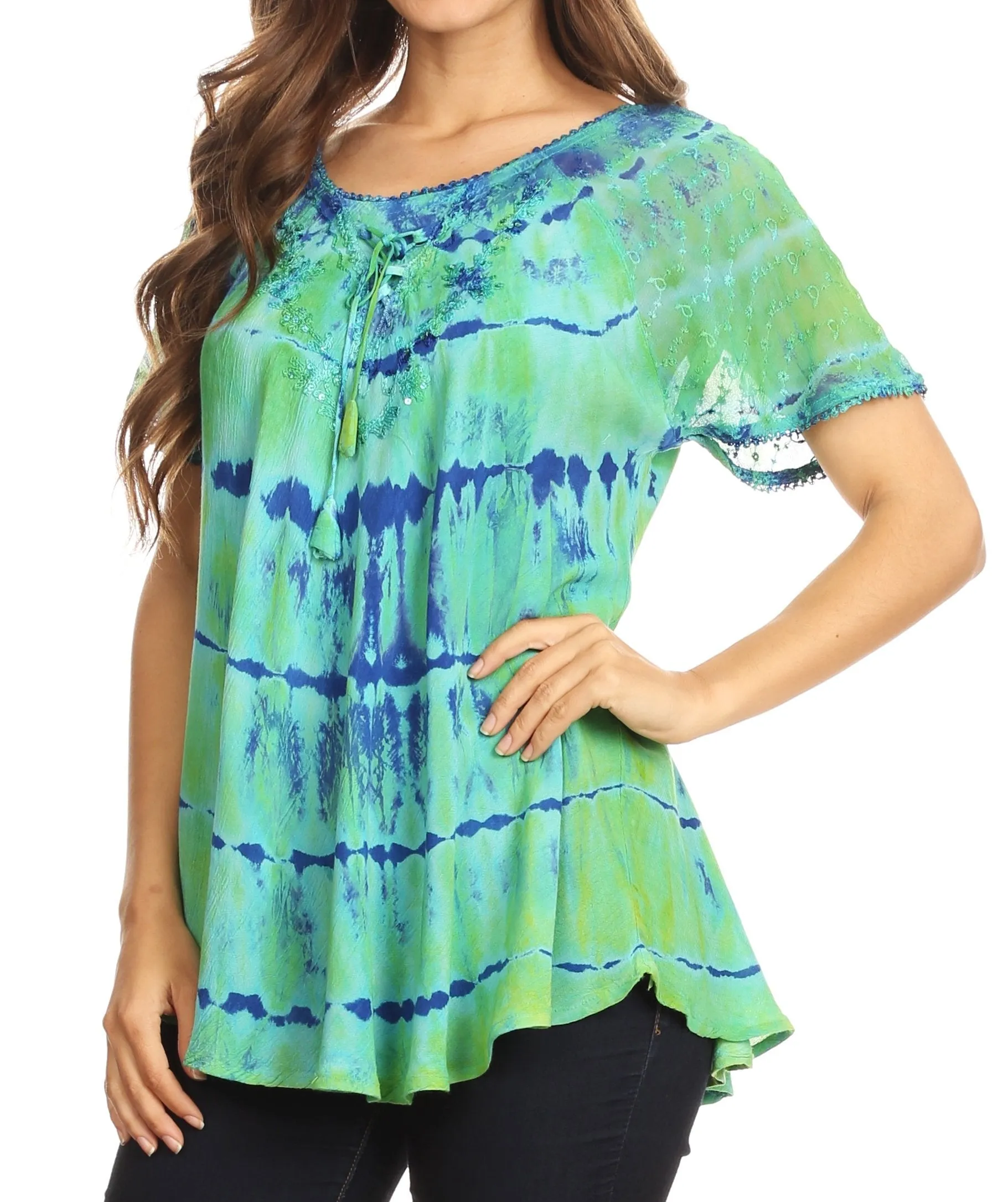 Sakkas Isayan Multi Color Embellished Tie Dye Sheer Cap Sleeve Tunic Top