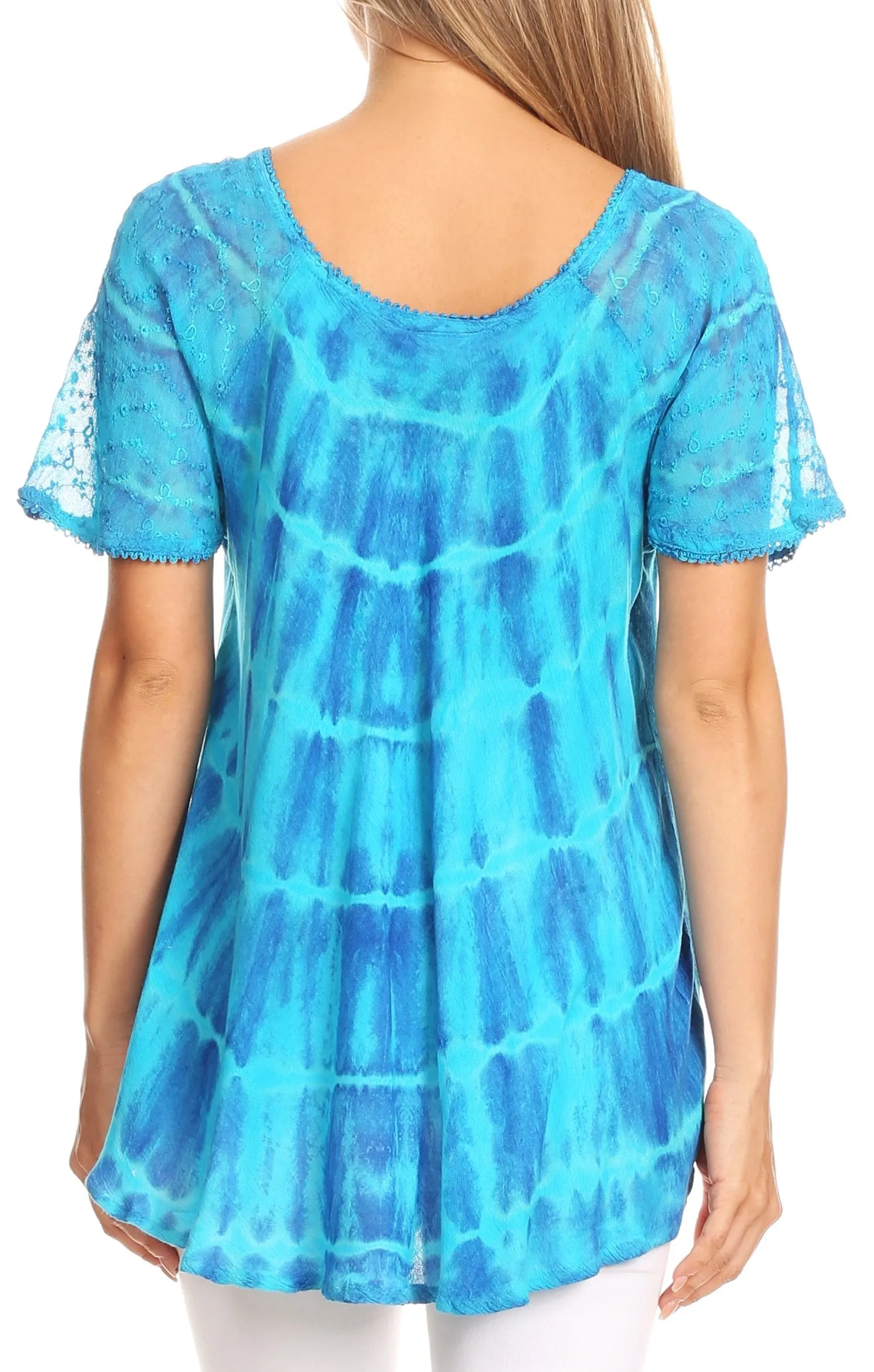 Sakkas Isayan Multi Color Embellished Tie Dye Sheer Cap Sleeve Tunic Top