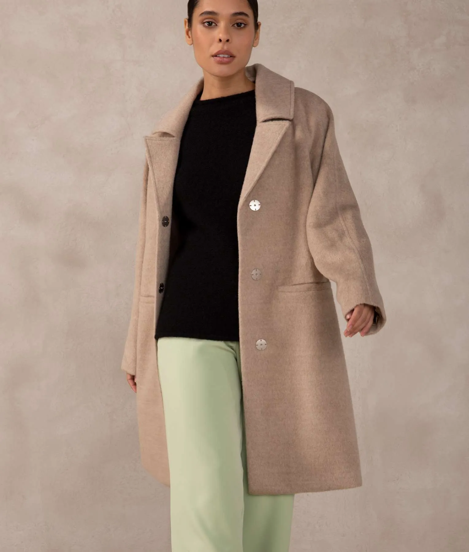 Sand Curved Yoke Long Baby Alpaca & Wool Overcoat