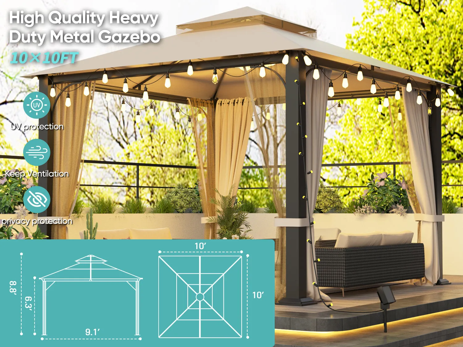 SANNWSG 10X10FT Softtop Metal Gazebo with Mosquito Net&Sunshade Curtains,Sturdy Heavy Duty Double Roof Canopy,Galvanized Steel Design Outdoor Tent,Suitable for Gardens,Patio,Backyard