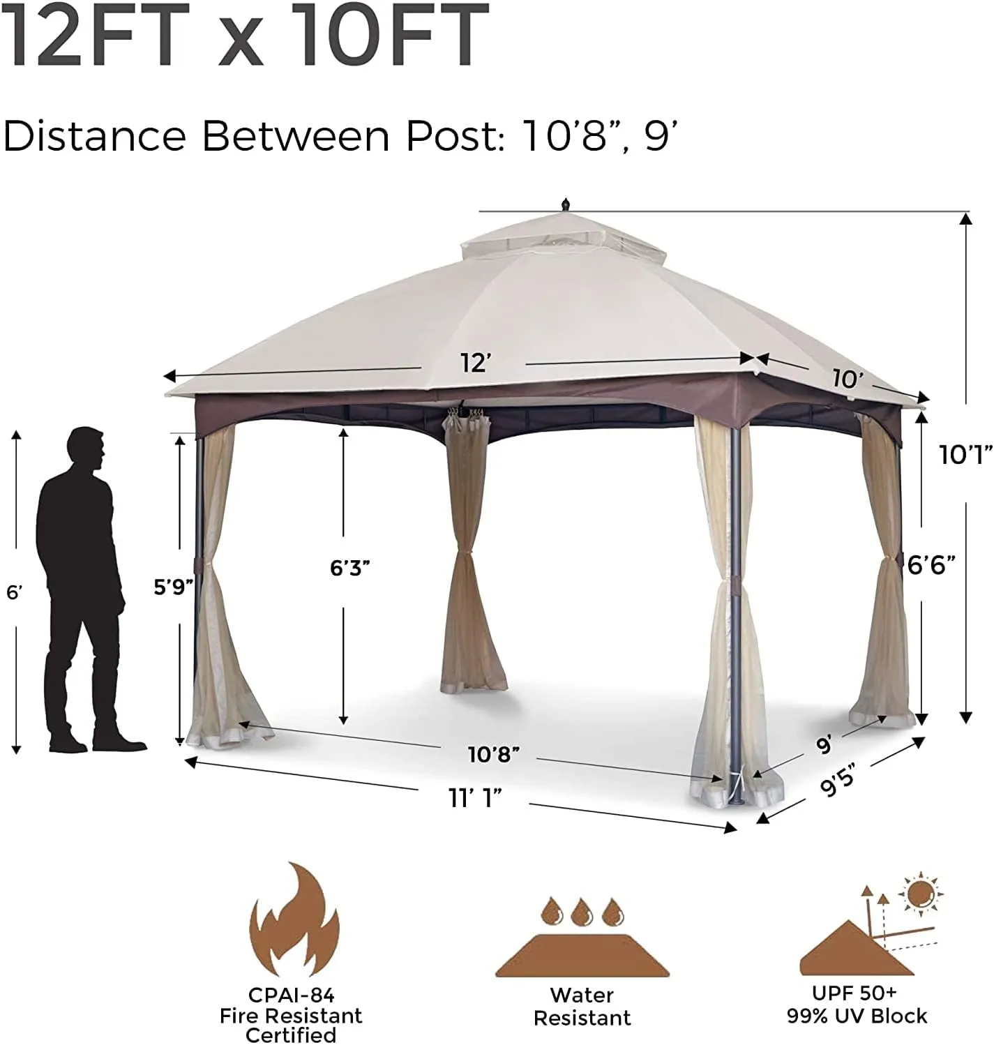 SANNWSG 10X12FT Softtop Metal Gazebo with Mosquito Net&Sunshade Curtains,Sturdy Heavy Duty Double Roof Canopy,Galvanized Steel Design Outdoor Tent,Suitable for Gardens,Patio,Backyard