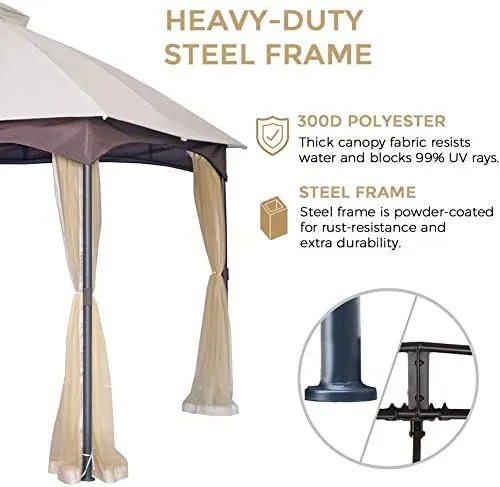 SANNWSG 10X12FT Softtop Metal Gazebo with Mosquito Net&Sunshade Curtains,Sturdy Heavy Duty Double Roof Canopy,Galvanized Steel Design Outdoor Tent,Suitable for Gardens,Patio,Backyard