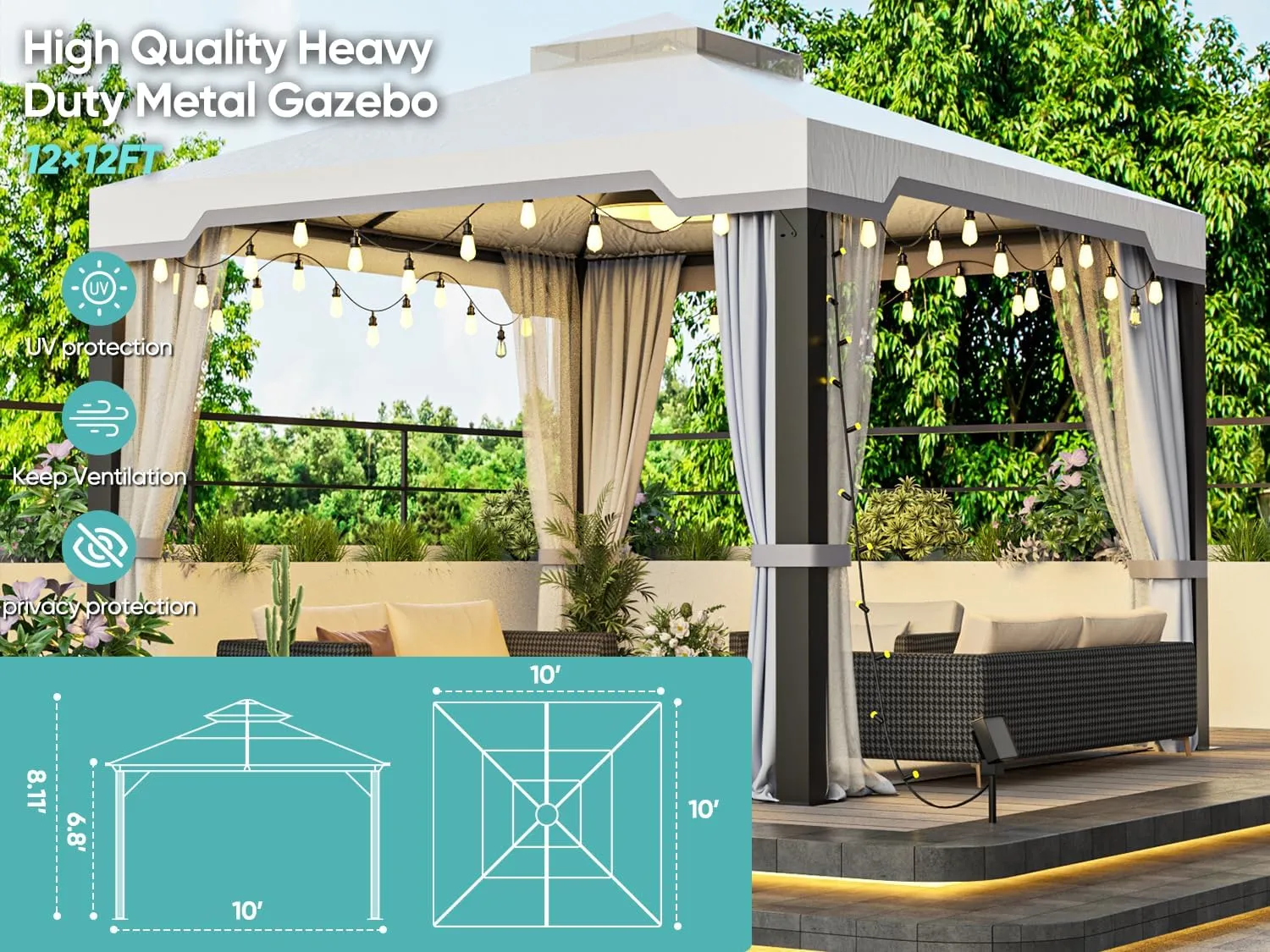 SANNWSG Heavy Duty Garden Gazebo,Pavilion Gazebo with Mosquito Netting, 10x10FT Patios Canopy Outdoor Waterproof,Backyard Gazebo with Galvanized Steel Frame