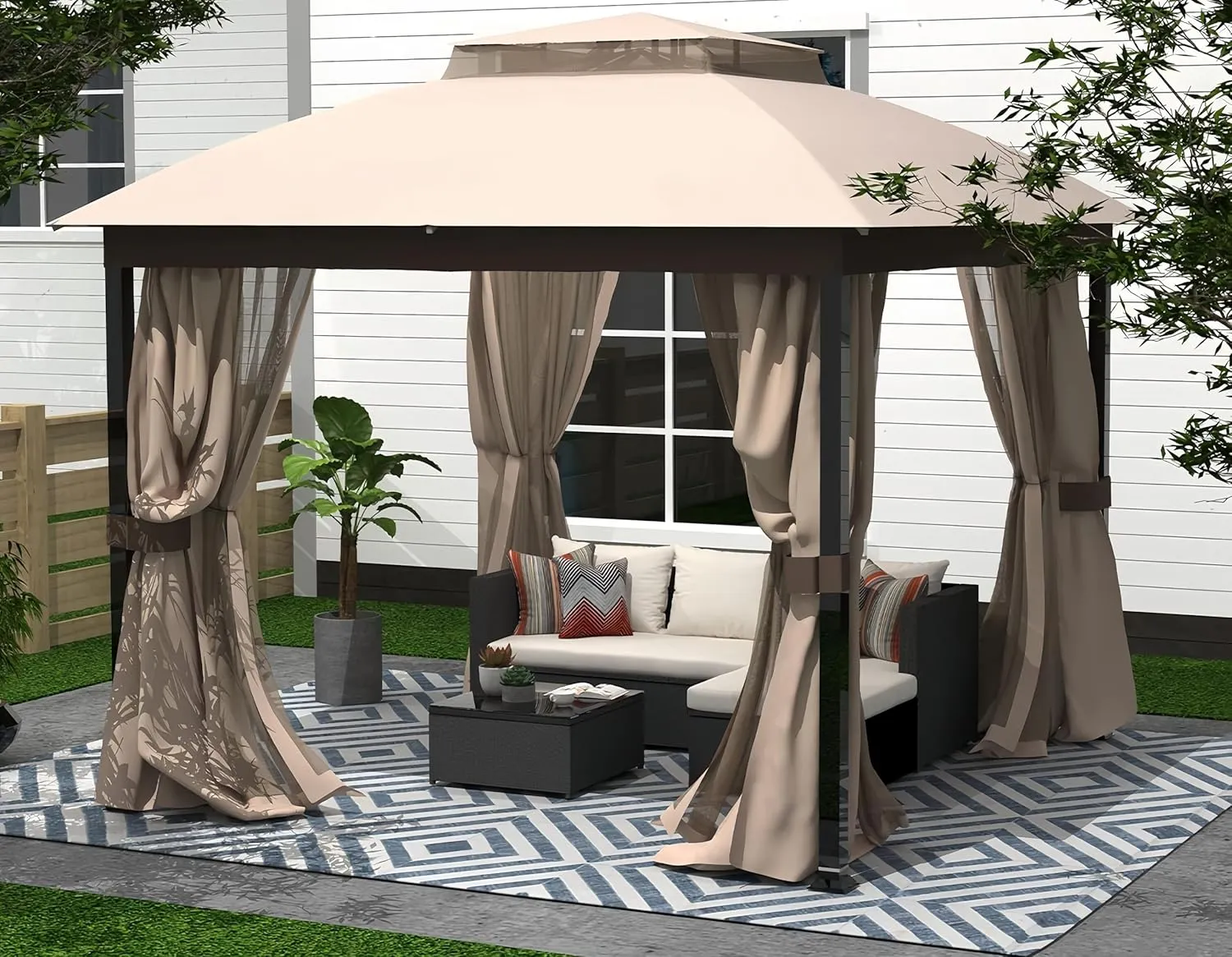 SANNWSG Heavy Duty Garden Gazebo,Pavilion Gazebo with Mosquito Netting, 10x12FT Patios Canopy Outdoor Waterproof,Backyard Gazebo with Galvanized Steel Frame