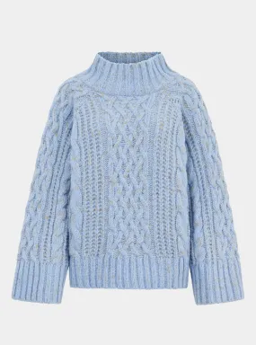 Sarah High Neck Cable Wide Sleeve Jumper - Blue