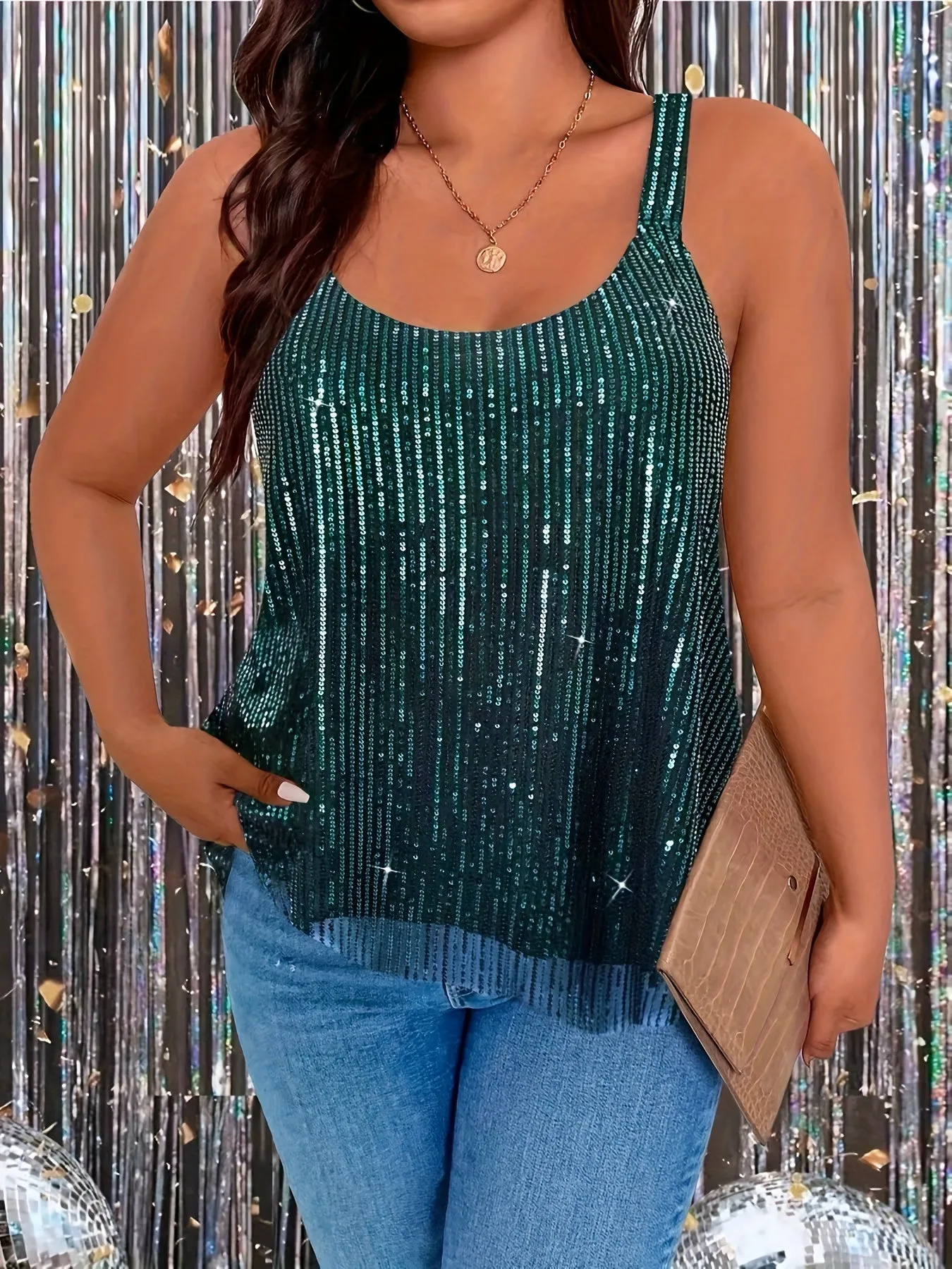 Sequin Decor Cami Top Plus Size Summer Sleeveless Chic