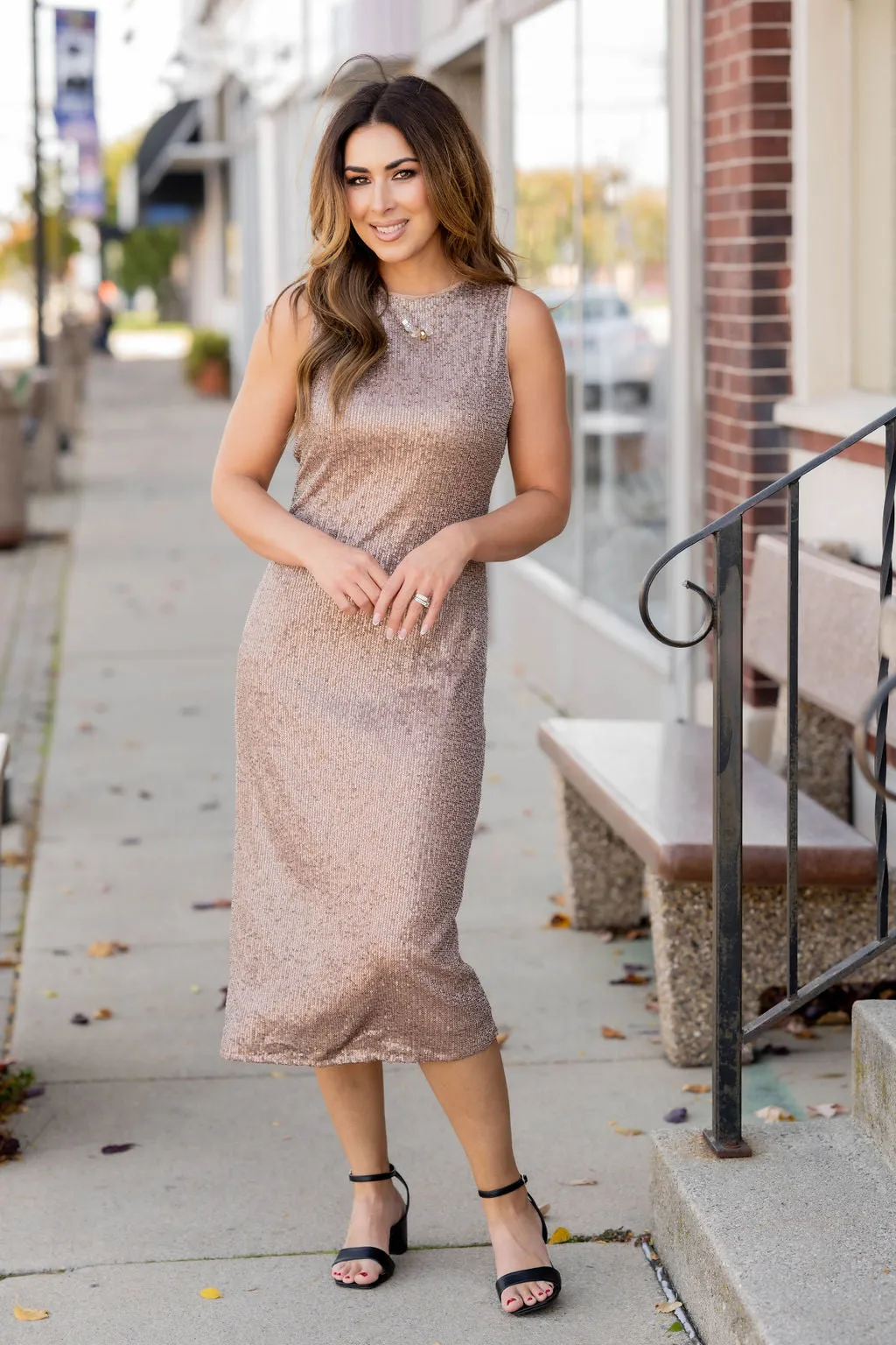 Sequin Slit Back Midi Dress