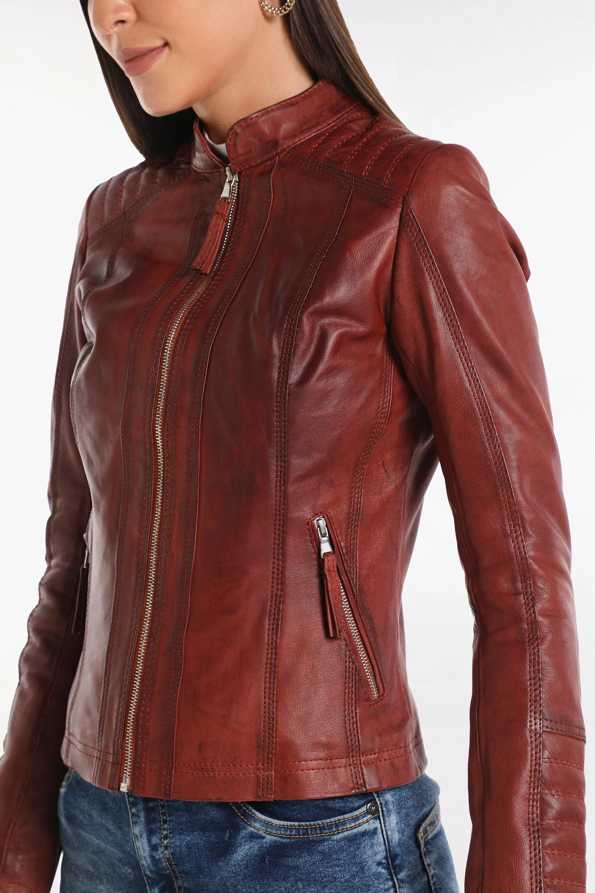 Sheeba Women's Genuine Leather Jacket - Burgundy