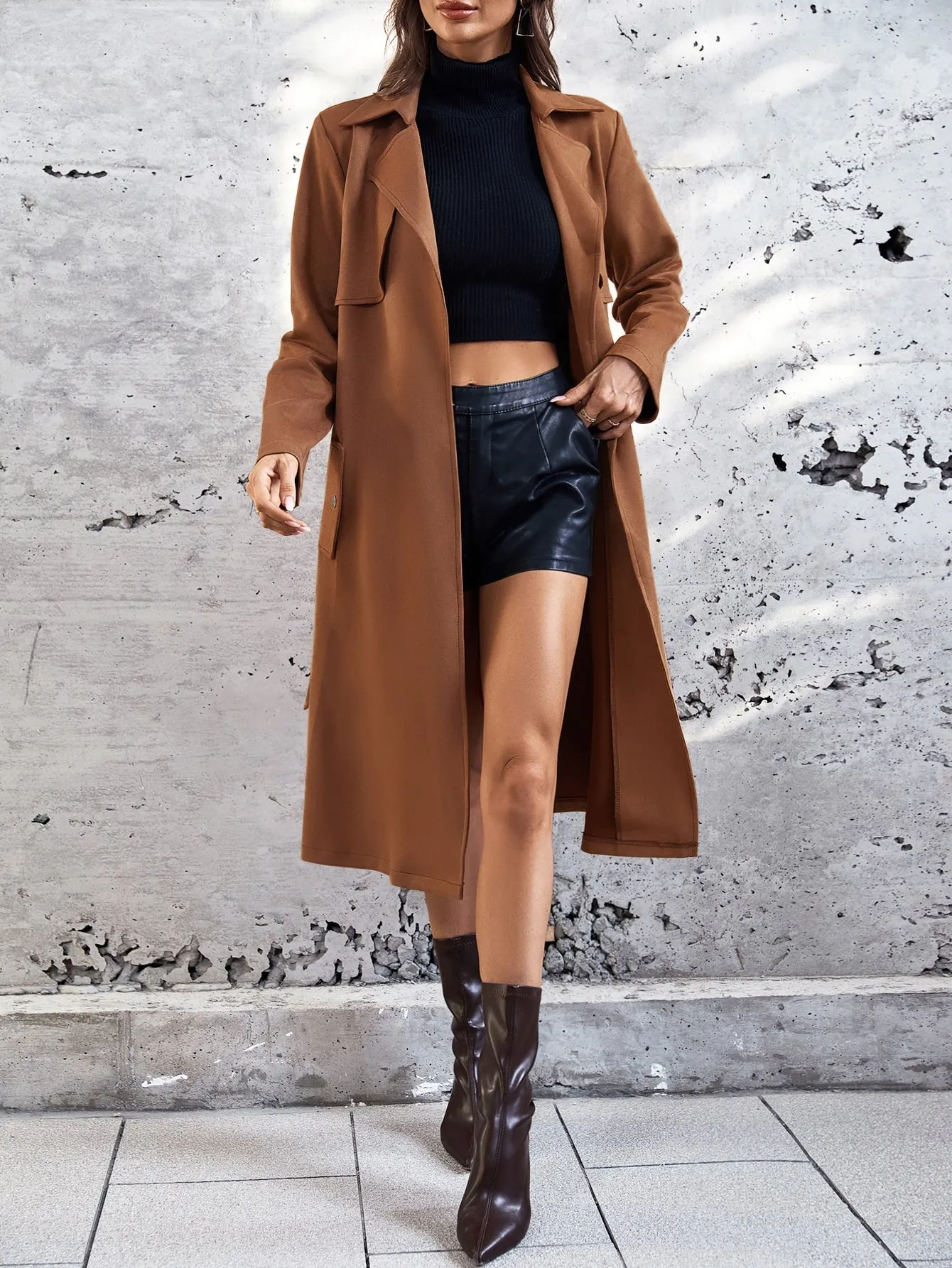 SHEIN LUNE Lapel Neck Belted Slant Pocket Coat