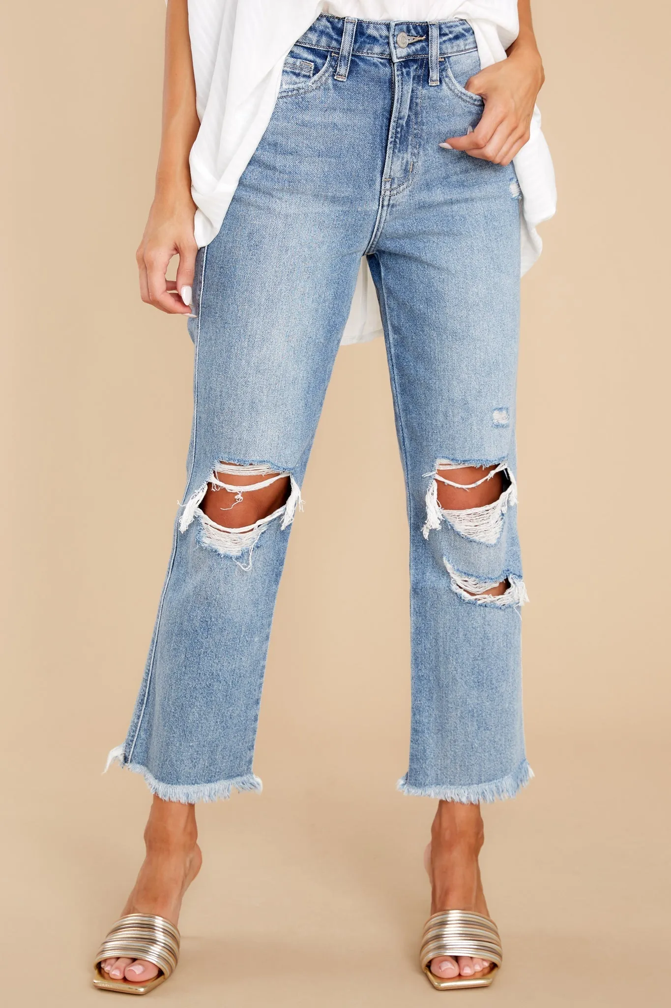 Sit Back And Relax Medium Wash Distressed Straight Jeans