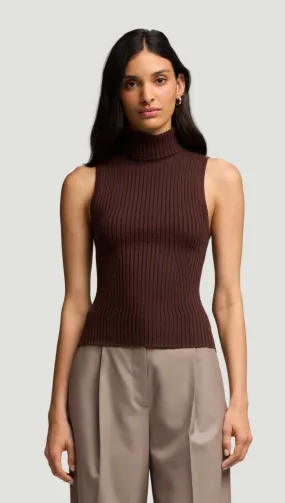 Sleeveless Turtleneck in Stretch Wool | Chocolate