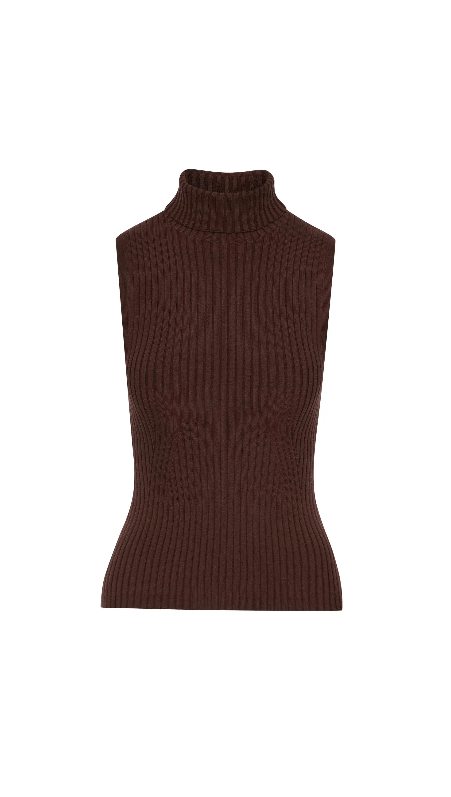 Sleeveless Turtleneck in Stretch Wool | Chocolate