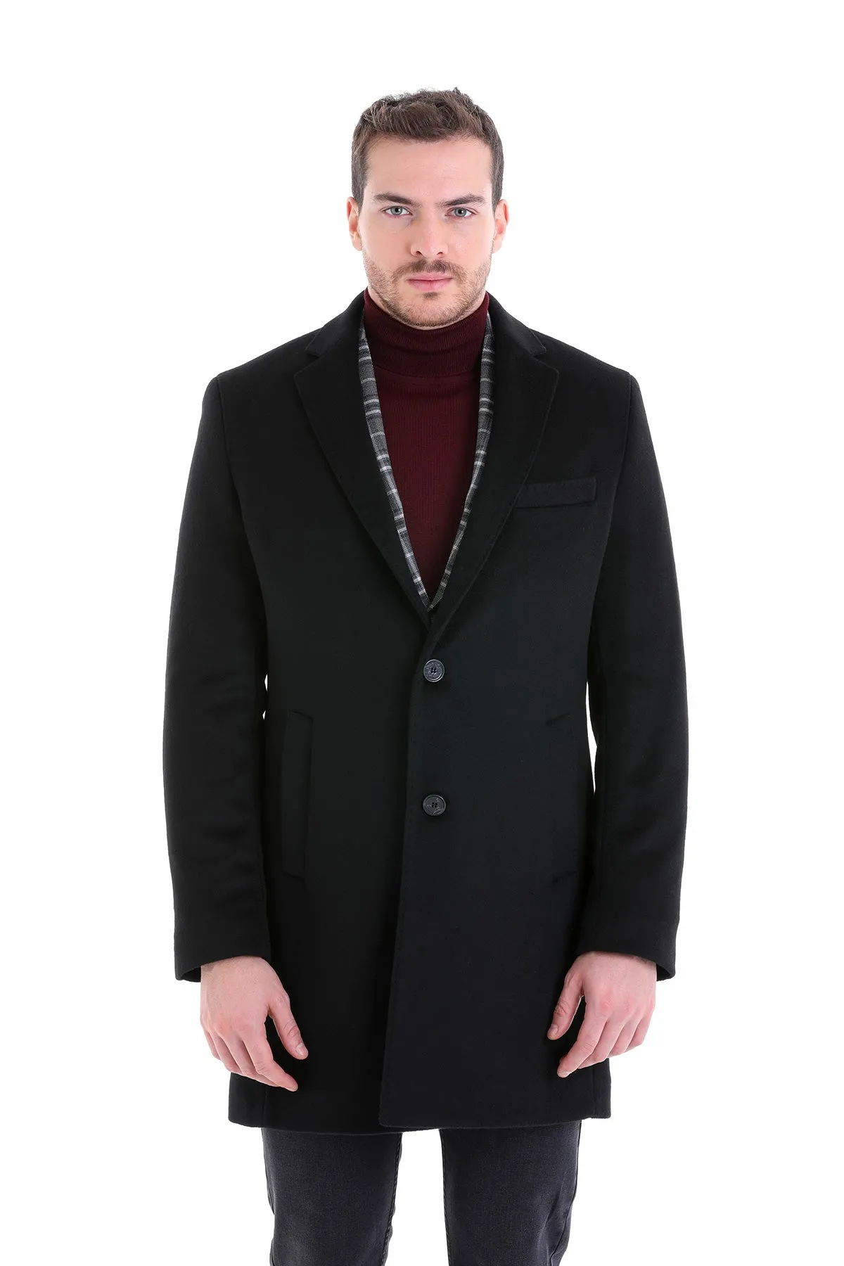 Slim Fit Cachet TBC Notch Lapel Wool Black Overcoat, Black