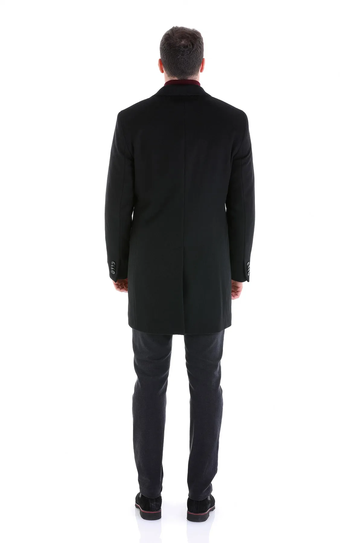 Slim Fit Cachet TBC Notch Lapel Wool Black Overcoat, Black