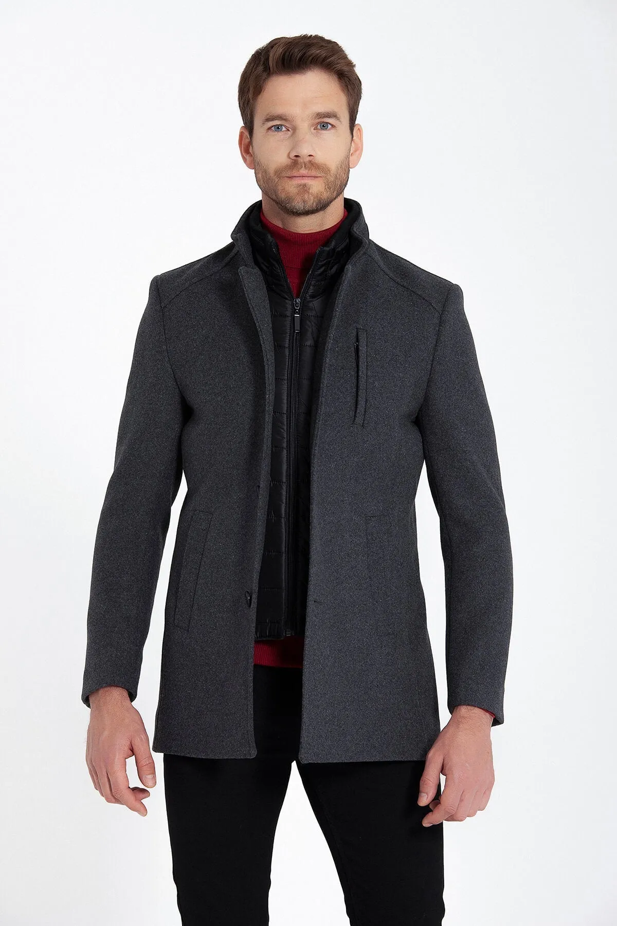 Slim Fit Stand Collar Textured Dark Gray Wool Blend Overcoat